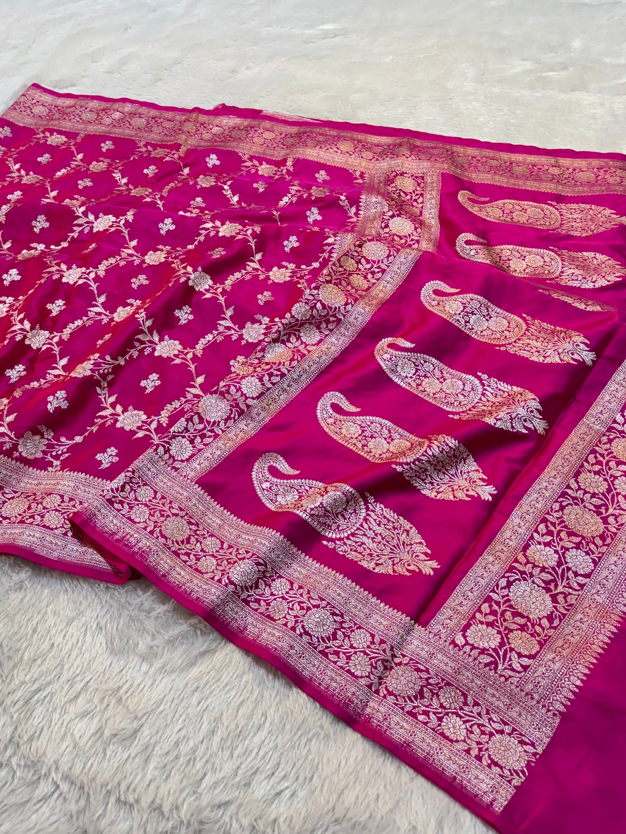 Rani Pink Banarasi Soft Meenakari Mashru Silk Partywear Saree
