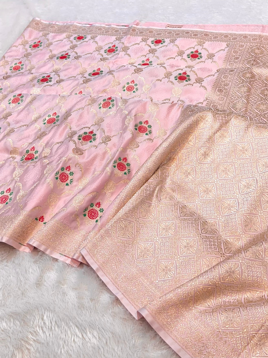 Baby Pink Banarasi Soft Mashru Silk Partywear Meenakari Saree