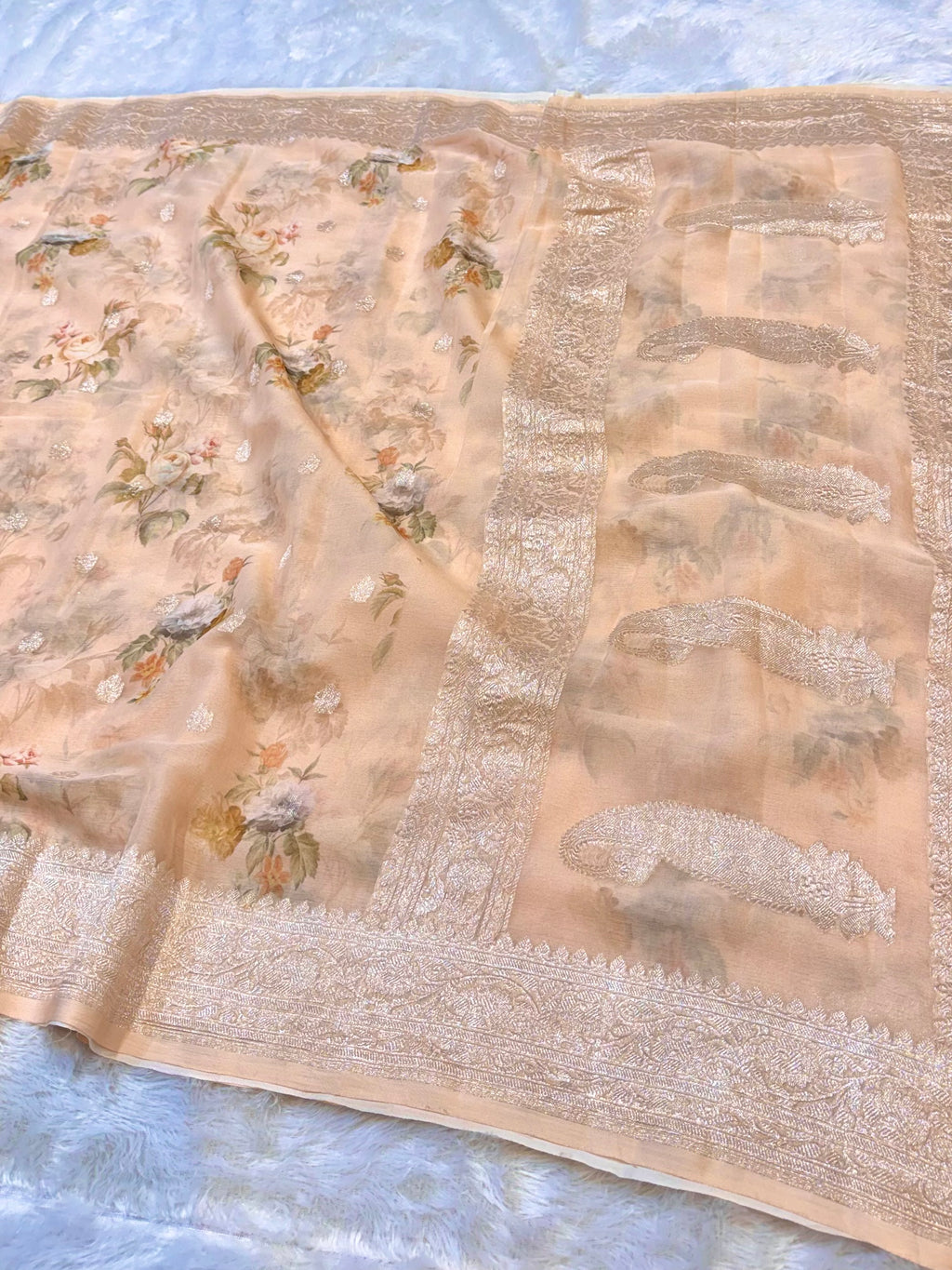 Watery Peach 100% Pure Khaddi Georgette Silver Zari Digital Print Handloom Saree