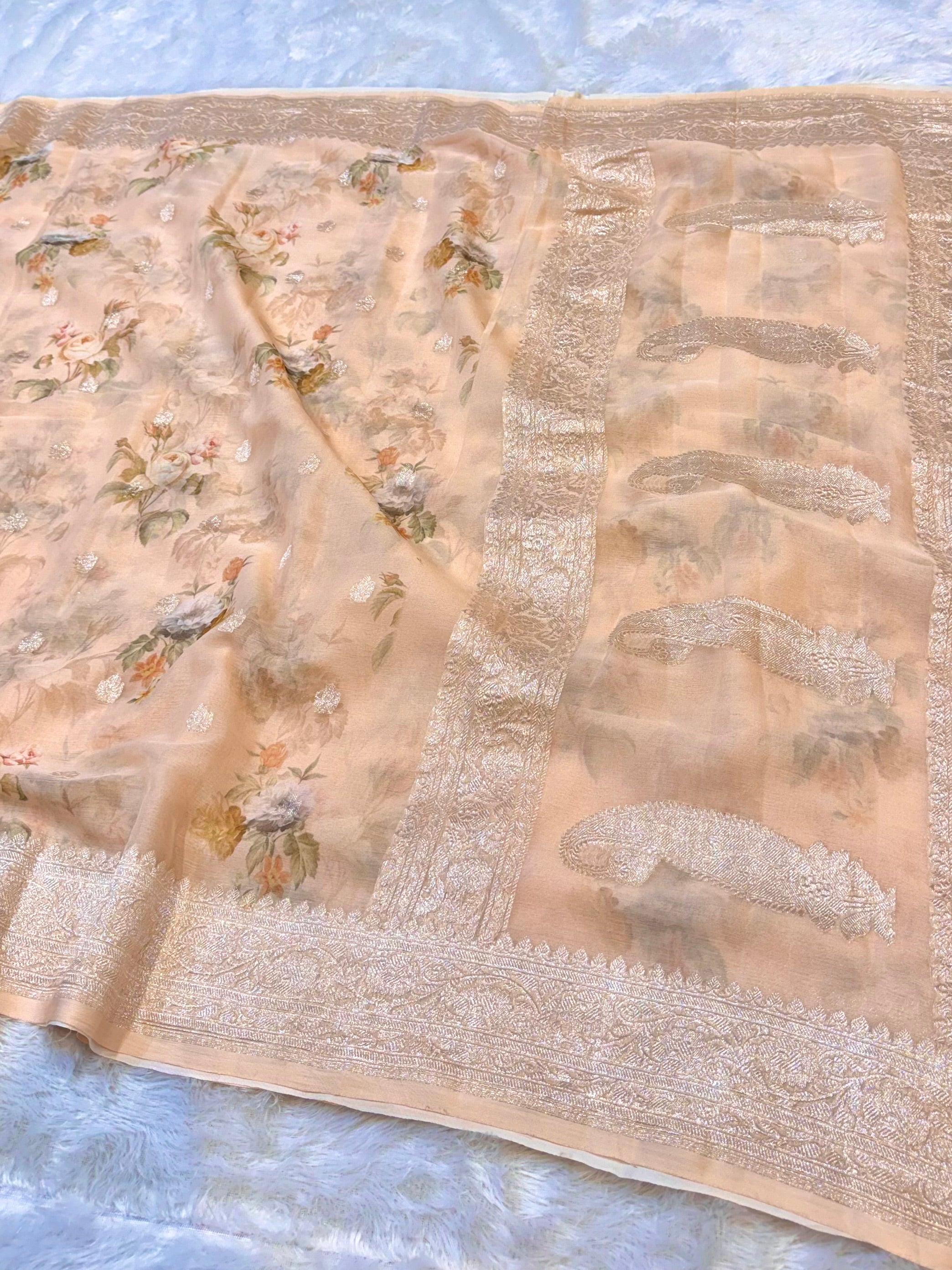 Watery Peach 100% Pure Khaddi Georgette Silver Zari Digital Print Handloom Saree