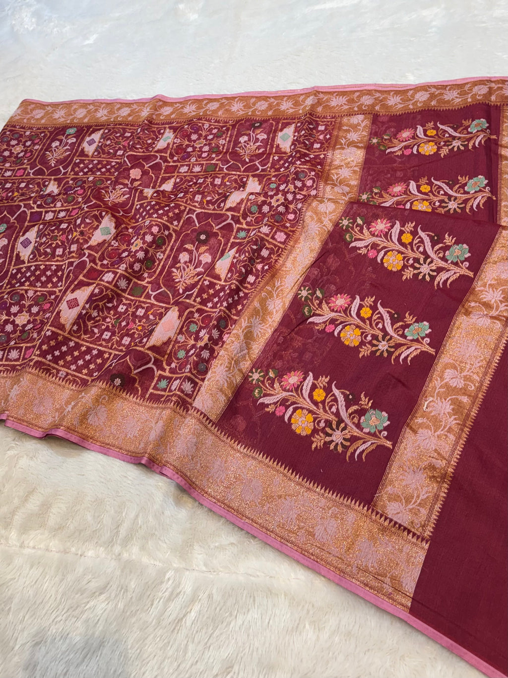Prebook | Maroon 100% Pure Ektara Banarasi Cotton Jamdani Saree