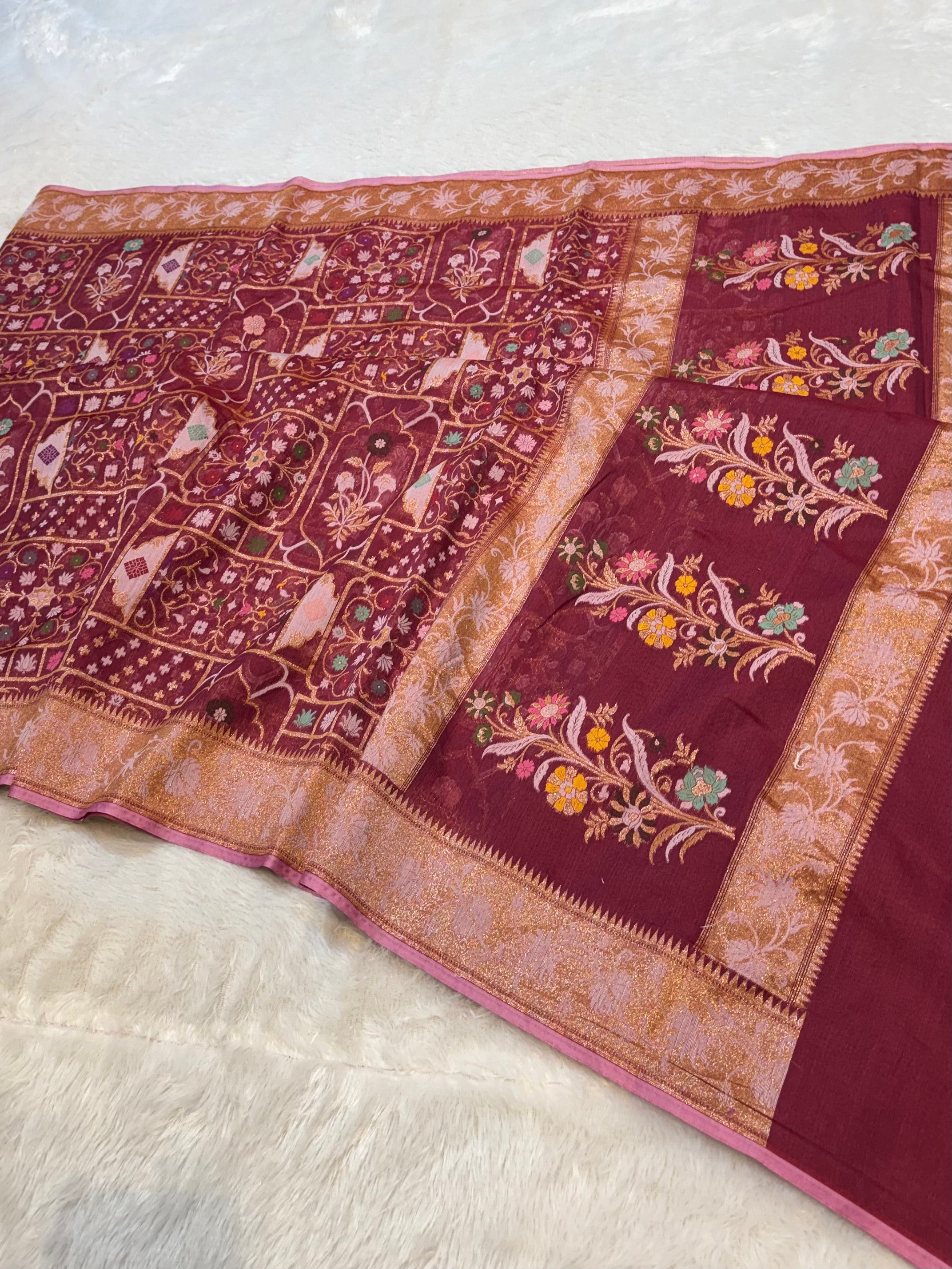 Prebook | Maroon 100% Pure Ektara Banarasi Cotton Jamdani Saree