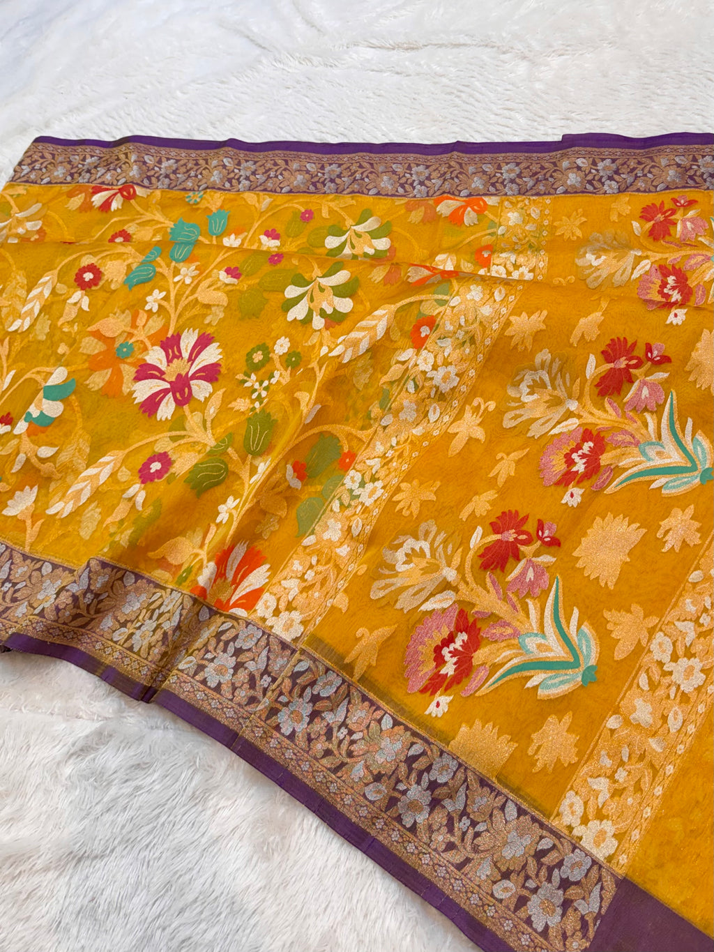 Prebook | Sunflower Yellow Pure Handloom Banarasi Ektara Kora Jamdani Saree