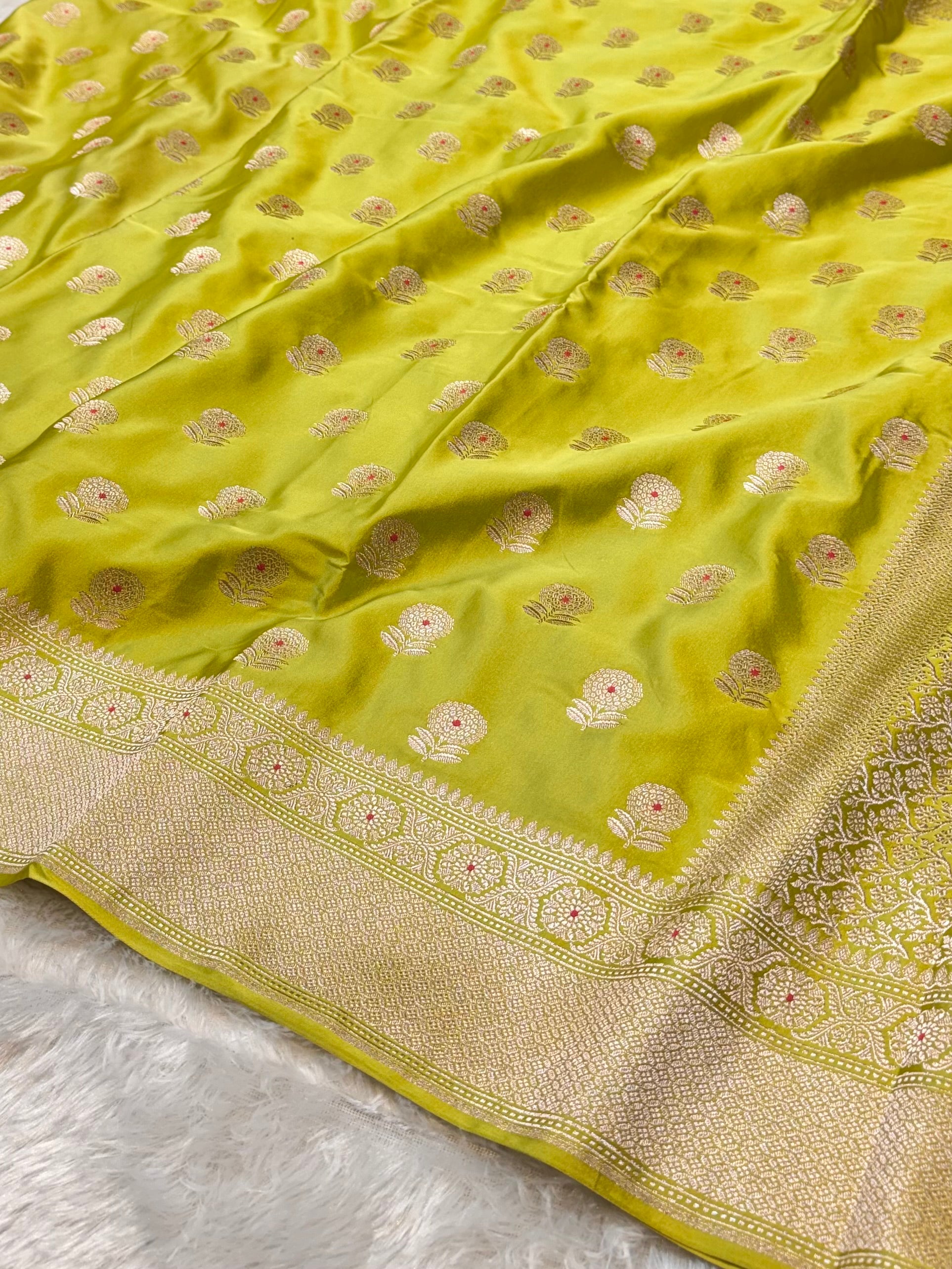 Pista Green Banarasi Soft Meenakari Mashru Silk Partywear Saree