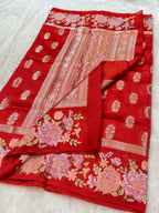Red 100% Pure Banarasi Poona Silk Raw Mango Saree