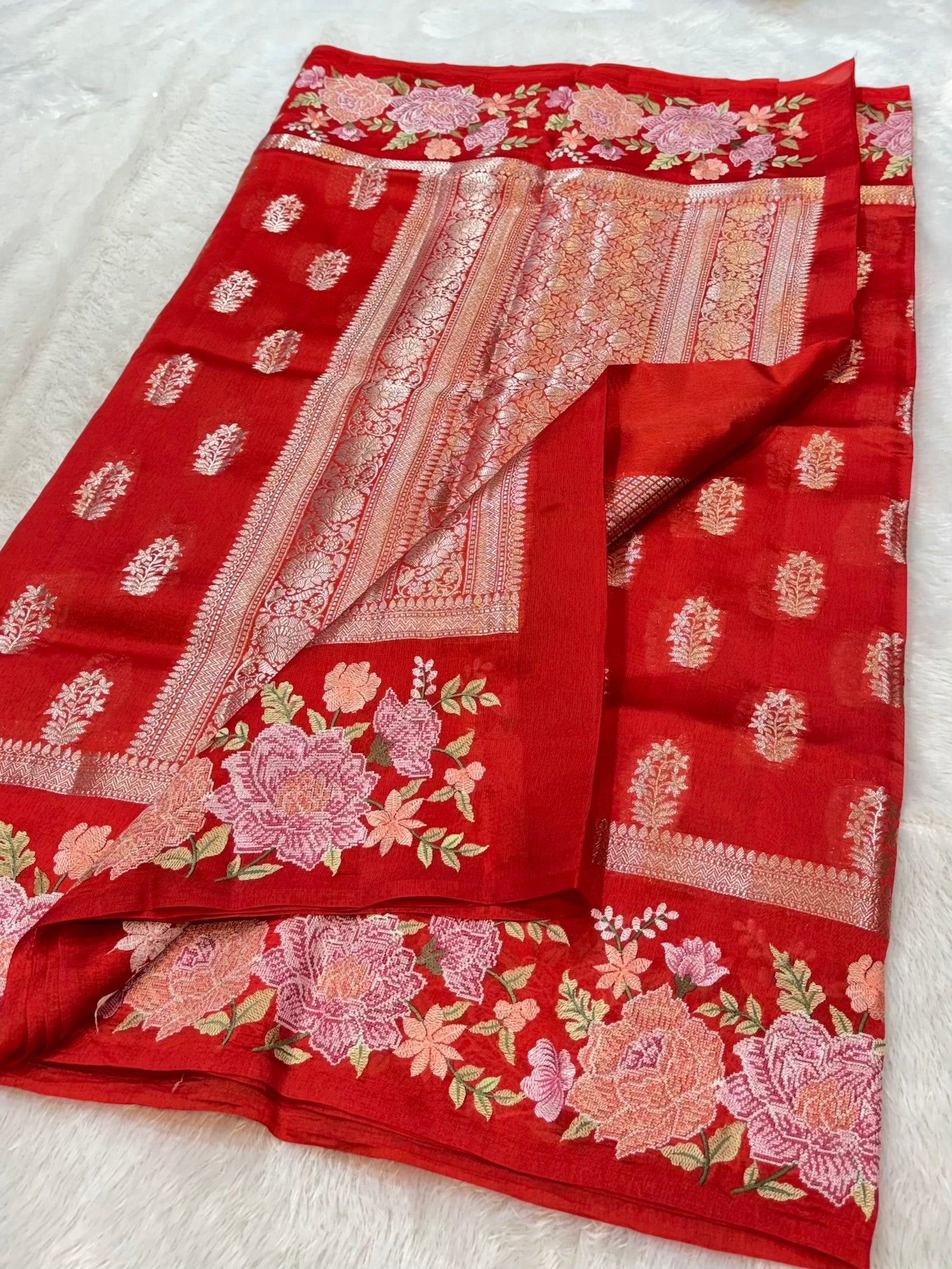 Red 100% Pure Banarasi Poona Silk Raw Mango Saree