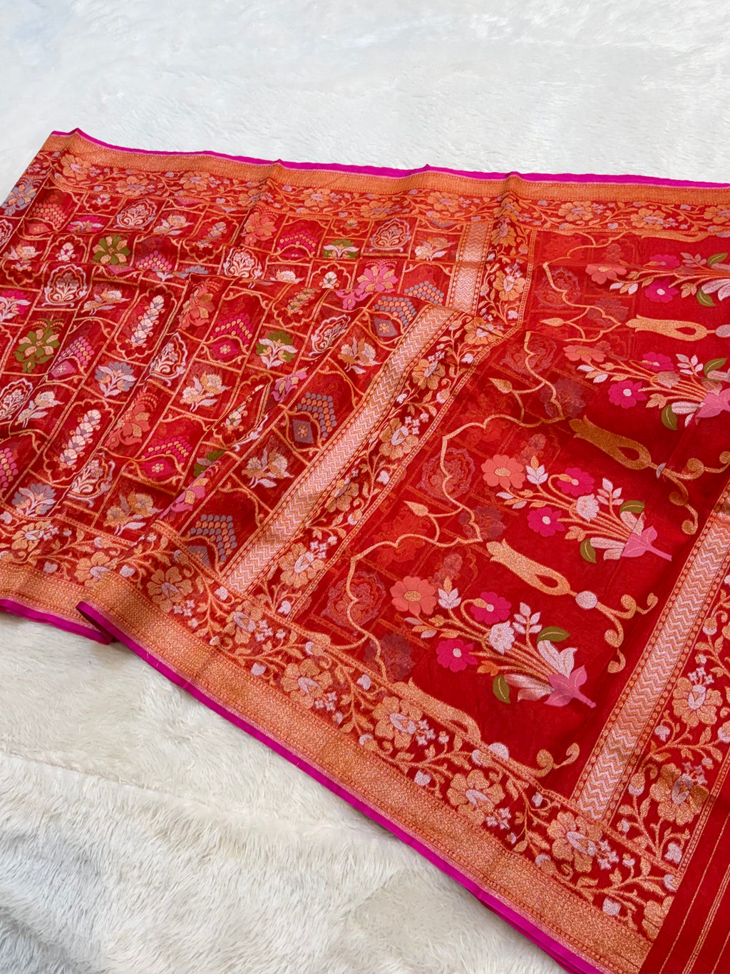 Prebook | Red Banarasi Ektara Kora Jamdani Saree