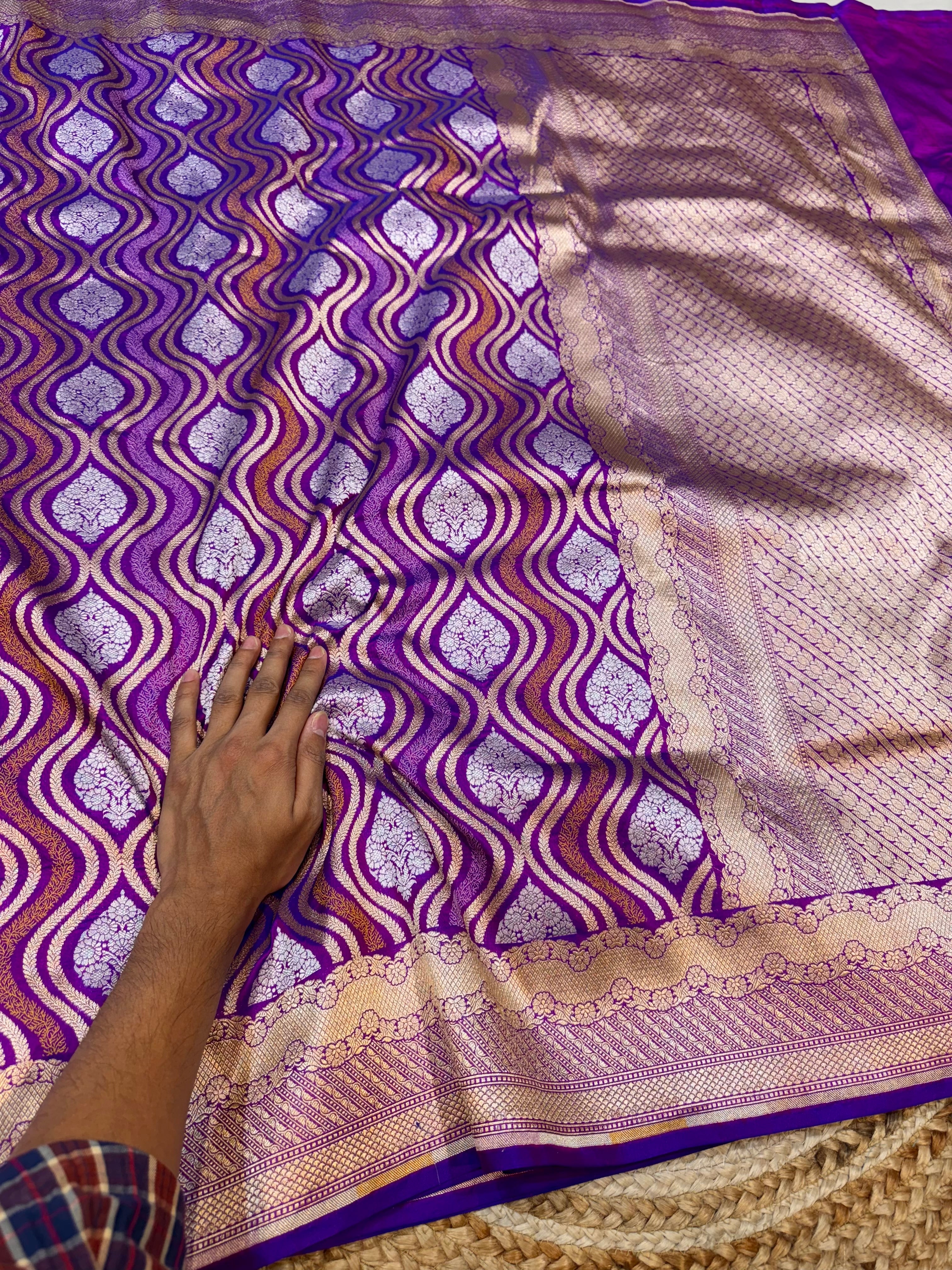 Dual Shade Blue-Pink 100% Pure Banarasi Katan Silk Tilfi Meenakari Saree
