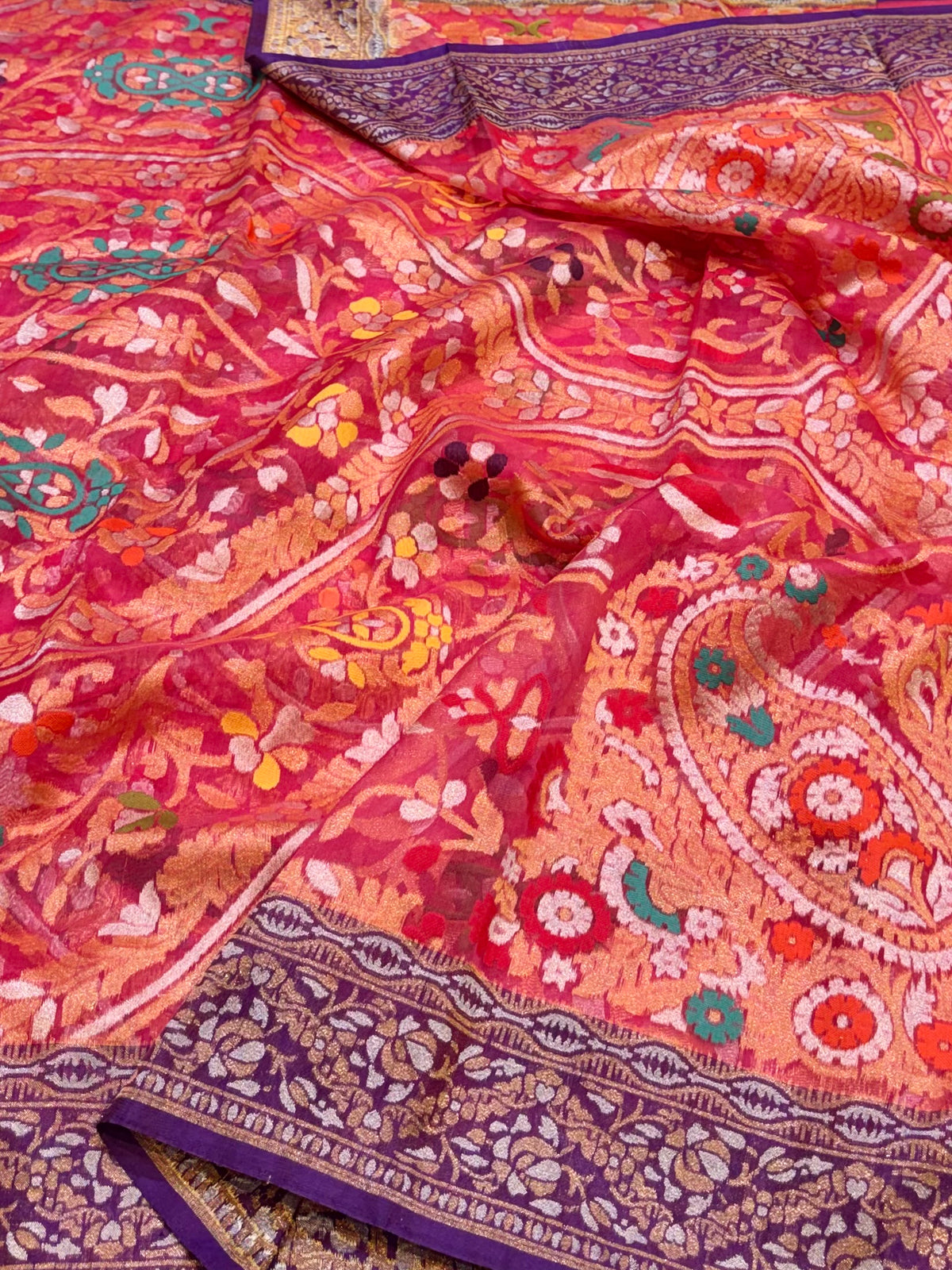 Prebook | Pink Pure Banarasi Ektara Kora Jamdani Saree