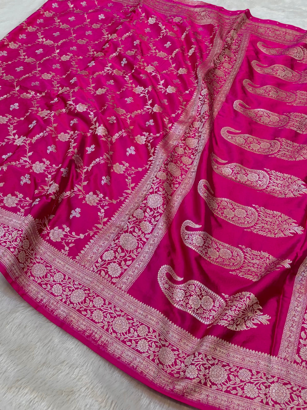 Rani Pink Banarasi Soft Meenakari Mashru Silk Partywear Saree