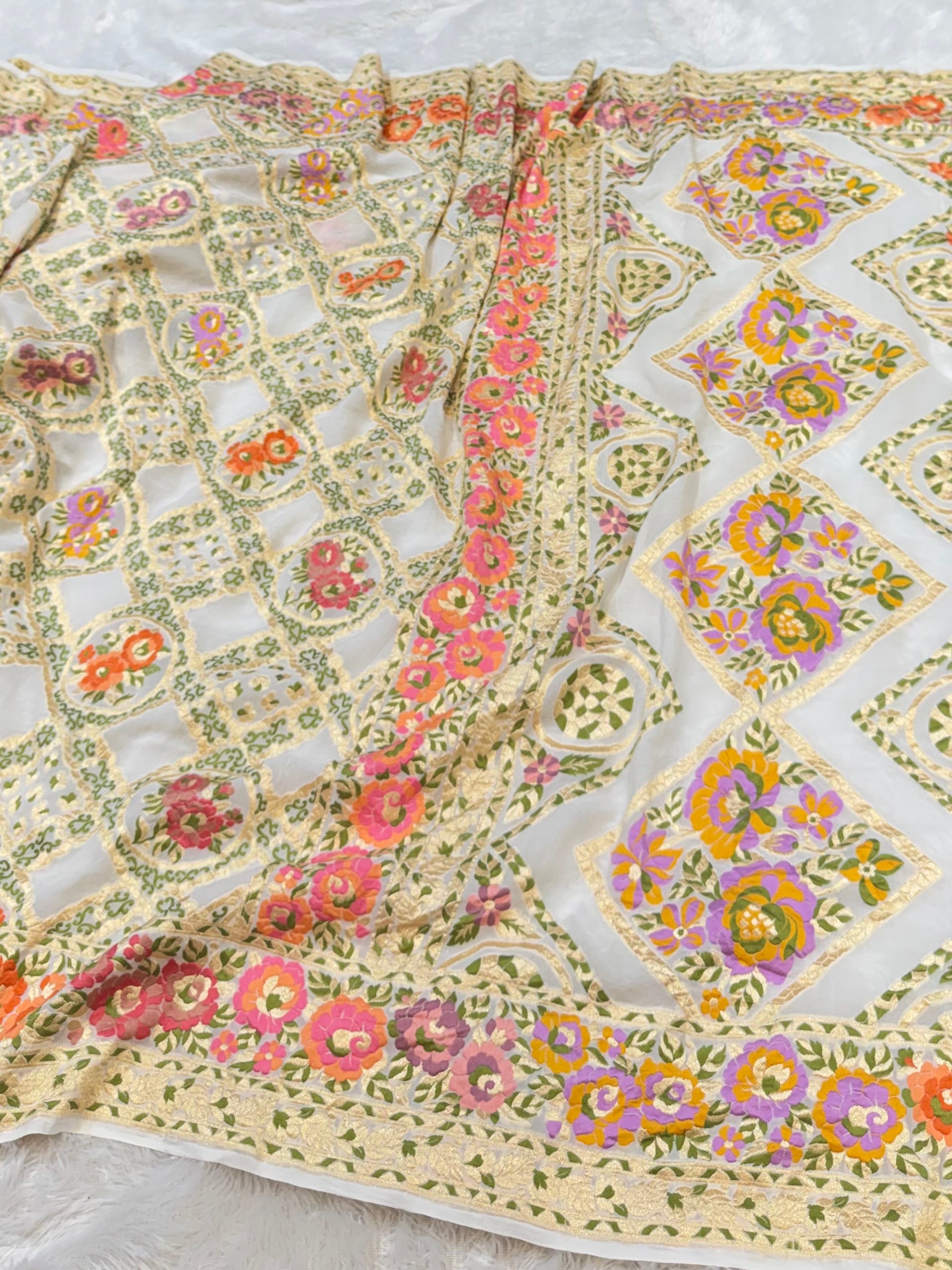 Milky White 100% Pure Banarasi Khaddi Georgette Tilfi Meenakari Saree