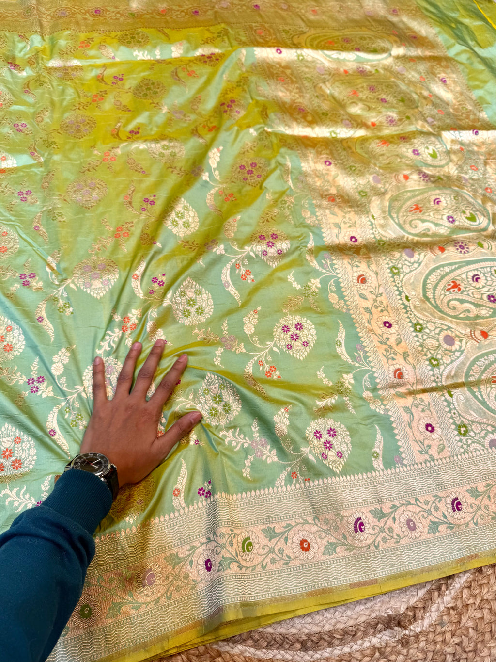 Prebook | Dual Shade Green-Yellow 100% Pure Banarasi Katan Silk Meenakari Saree