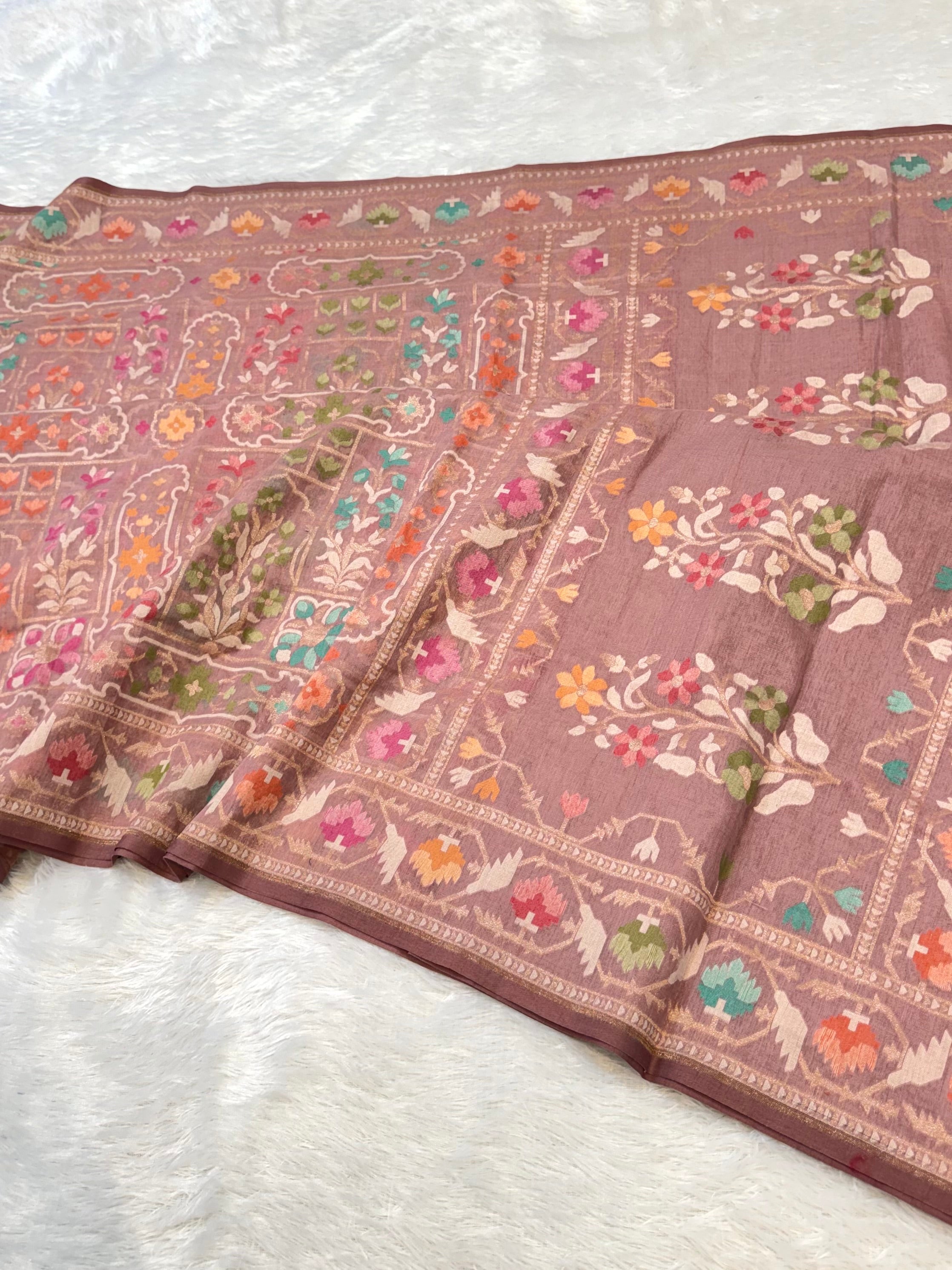 Prebook | Dusty Pink 100% Pure Ektara Banarasi Cotton Jamdani Saree