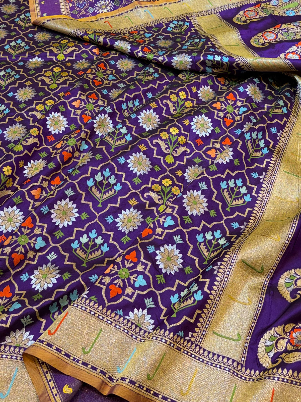 Violet Purple Exclusive Pure Handloom  Banarasi Ektara Katan Silk Jamdani Saree