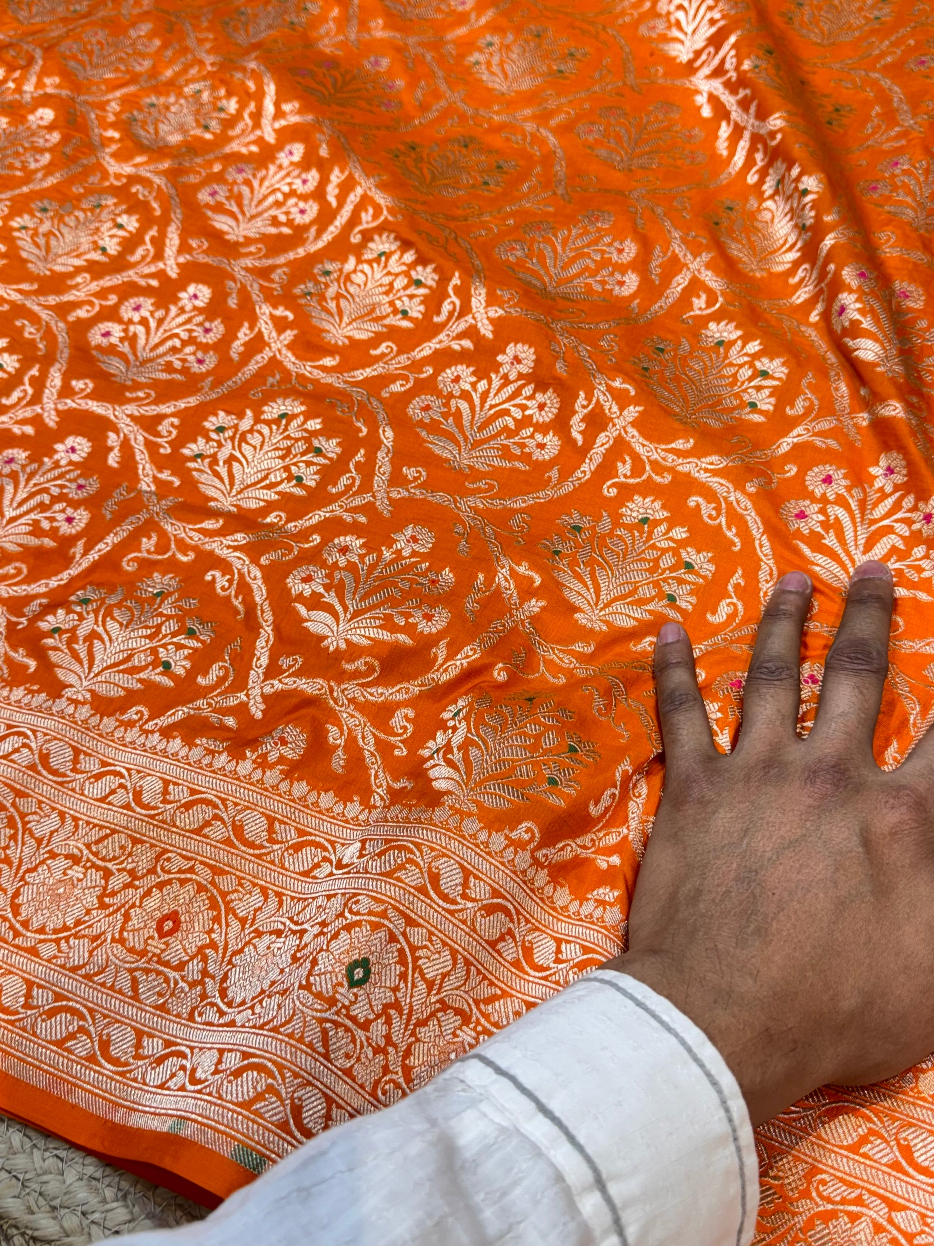 Prebook | Fanta Orange 100% Pure Banarasi Katan Silk Meenakari Saree