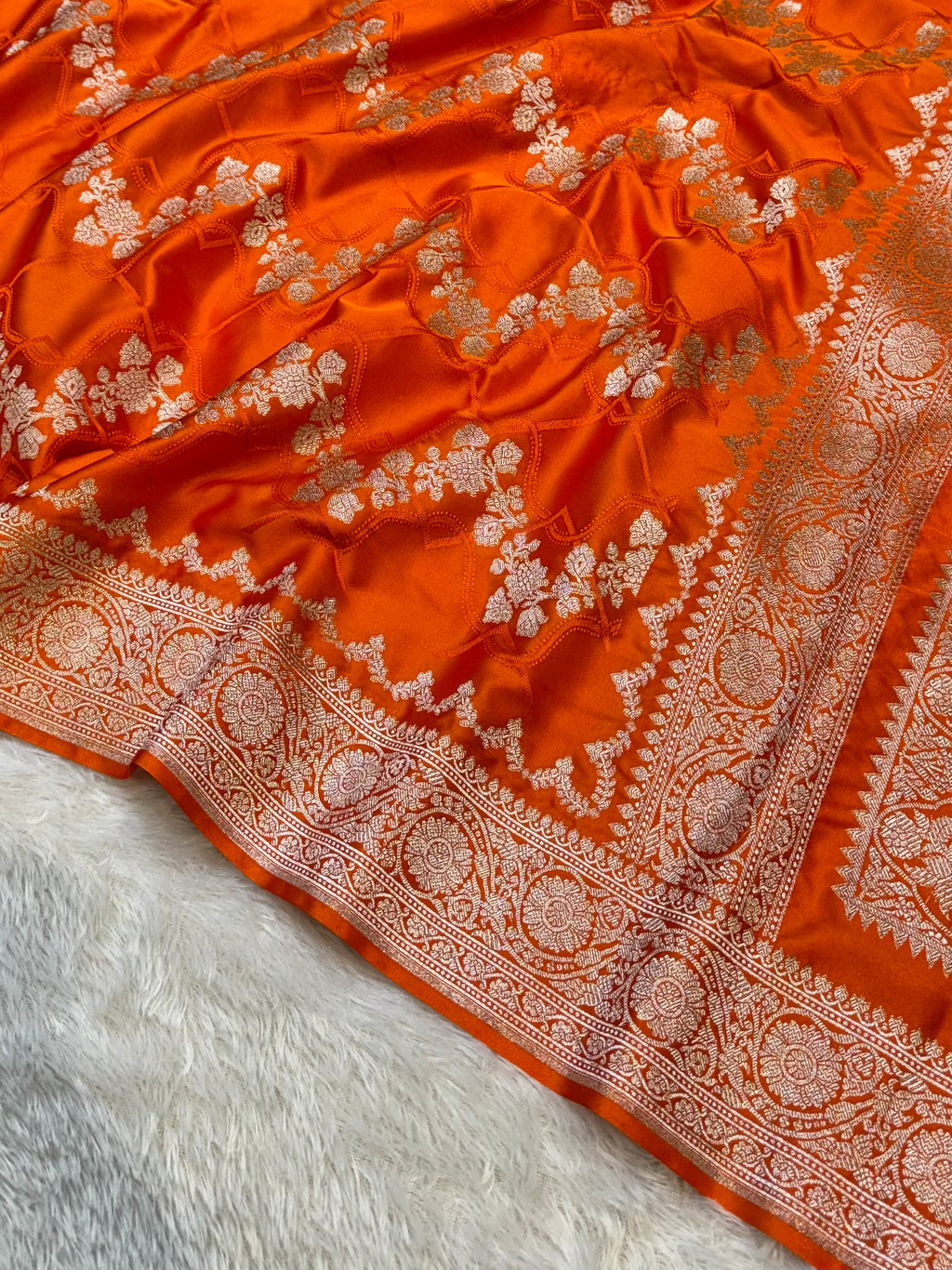 Fanta Orange Banarasi Soft Meenakari Mashru Silk Partywear Saree