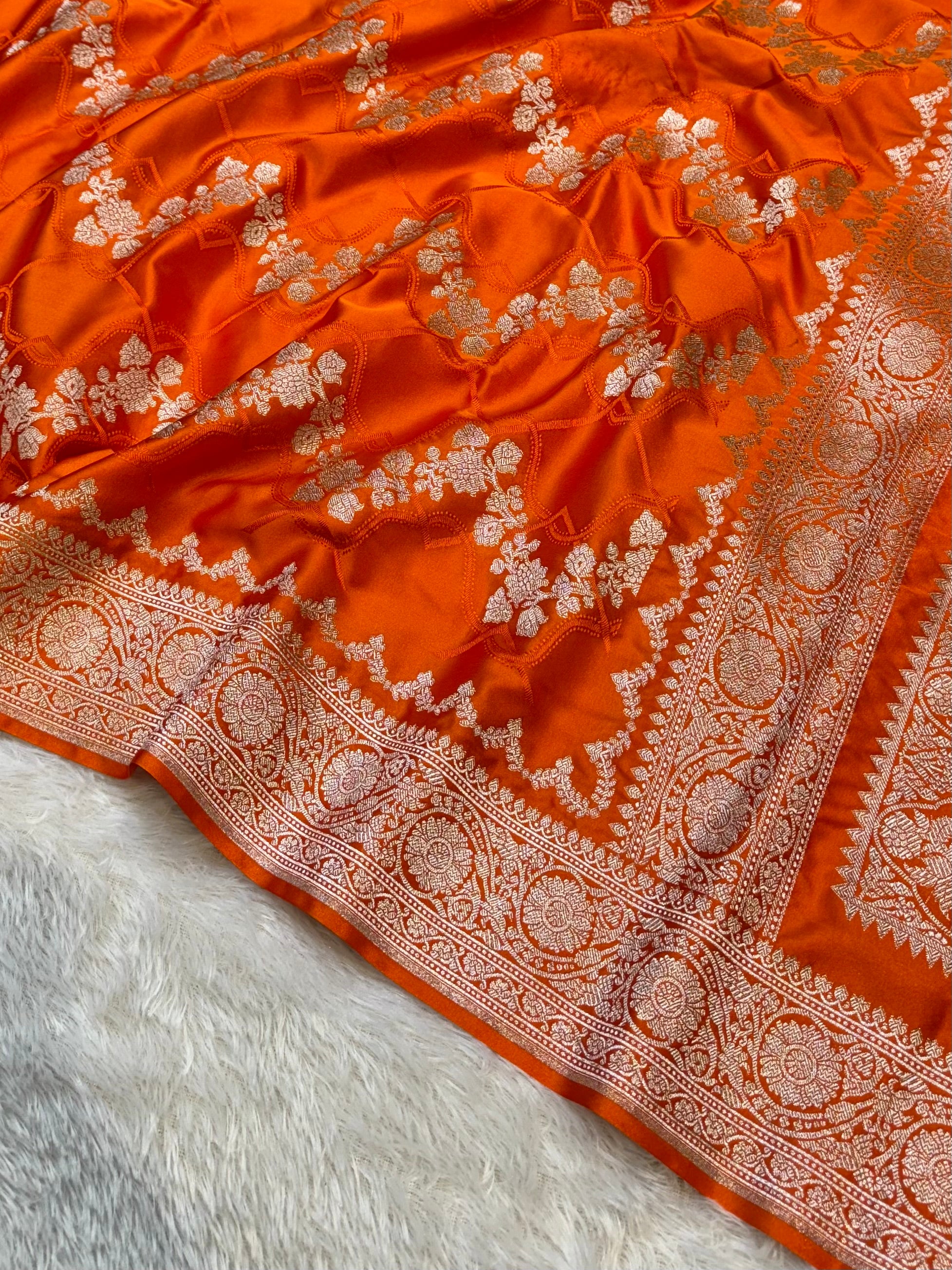 Fanta Orange Banarasi Soft Meenakari Mashru Silk Partywear Saree
