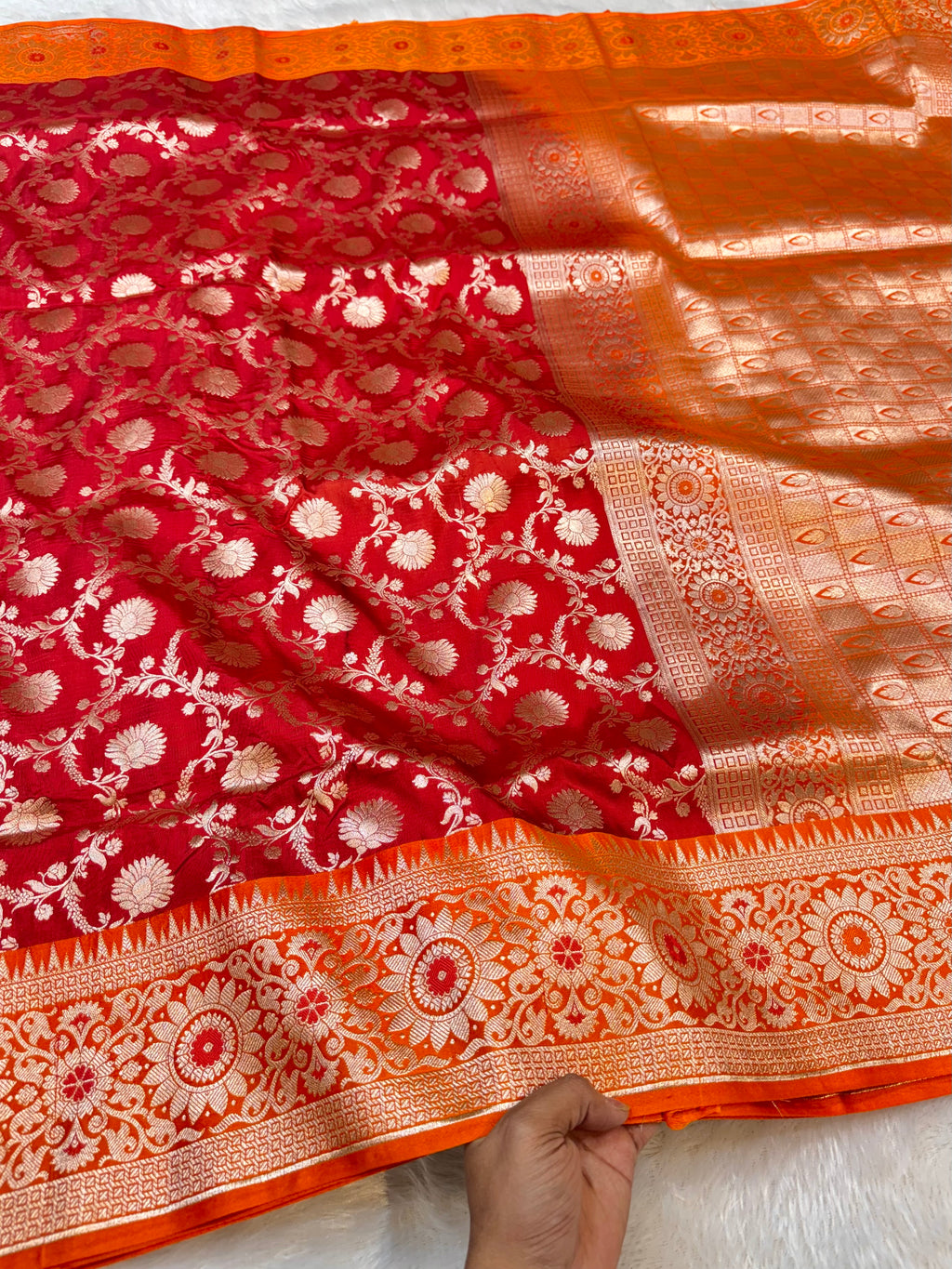Brick Red Banarasi SemiKatan Silk Partywear Saree