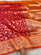 Brick Red Banarasi SemiKatan Silk Partywear Saree