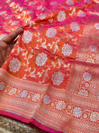 Dual shade Orange-Pink 100% Pure Banarasi Katan Silk Meenakari Saree
