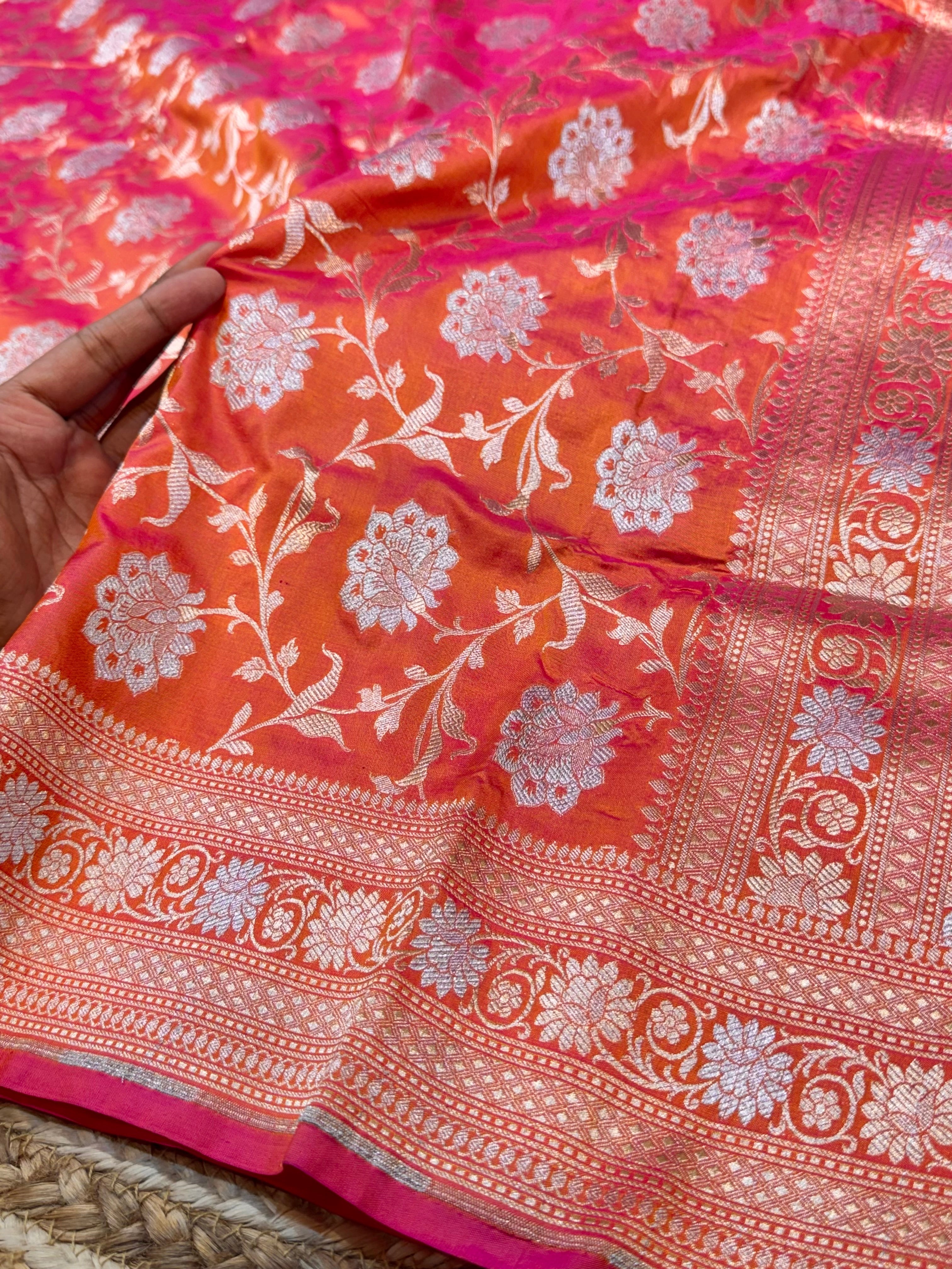 Dual shade Orange-Pink 100% Pure Banarasi Katan Silk Meenakari Saree