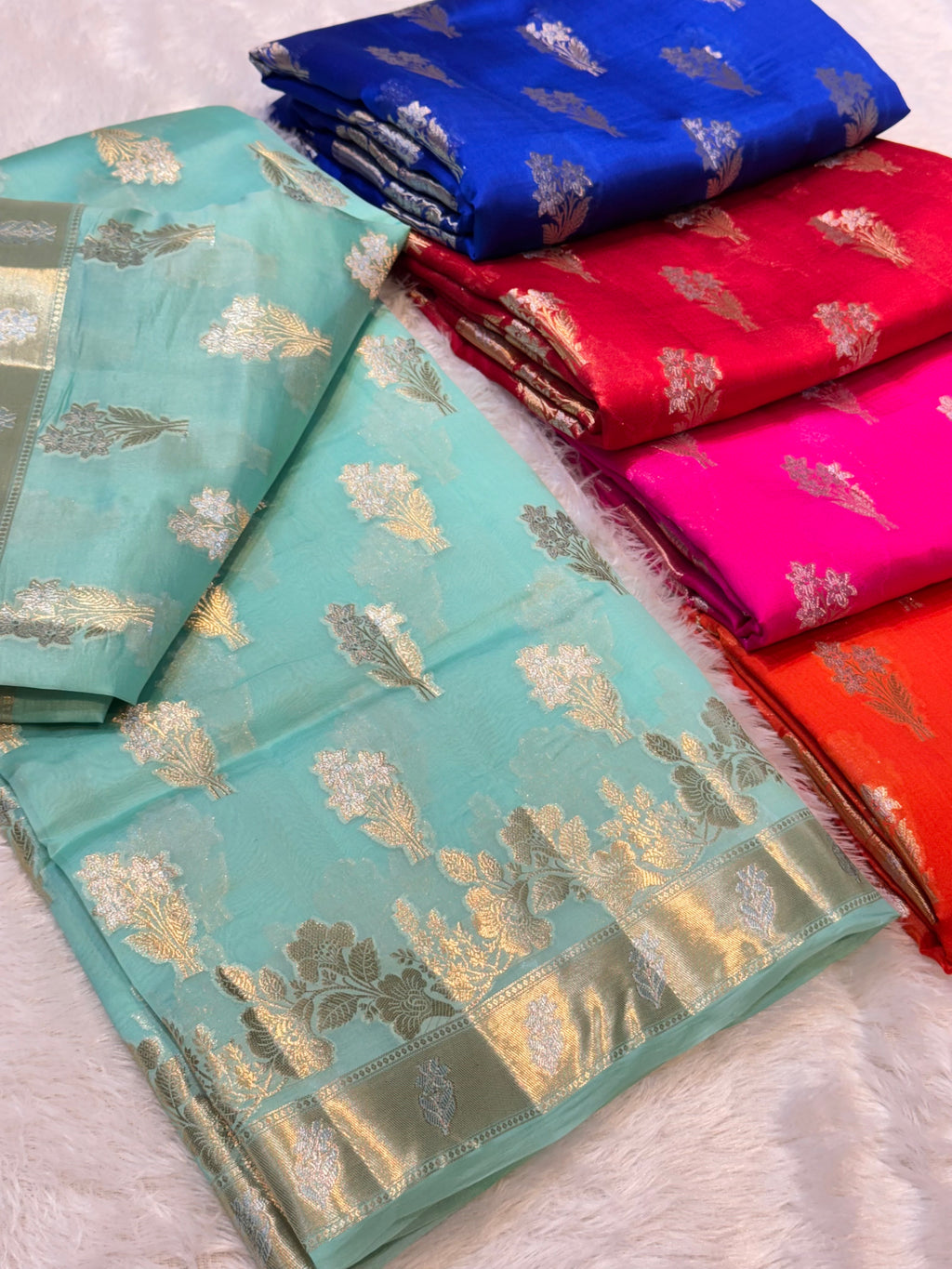 Sea Green 100% Pure Banarasi Raw Mango Silk Saree