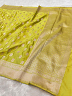 Pista Green Banarasi Soft Meenakari Mashru Silk Partywear Saree