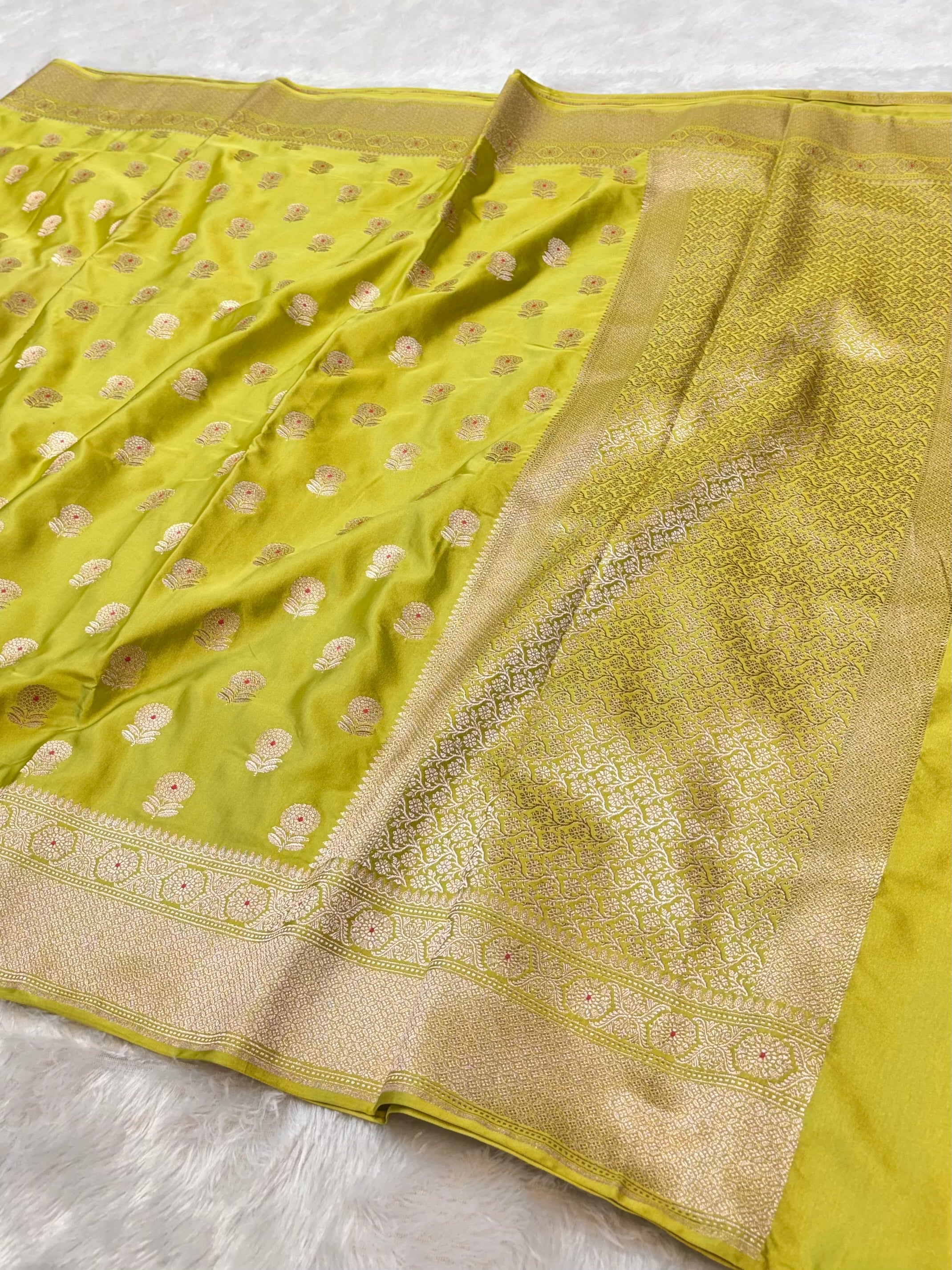 Pista Green Banarasi Soft Meenakari Mashru Silk Partywear Saree