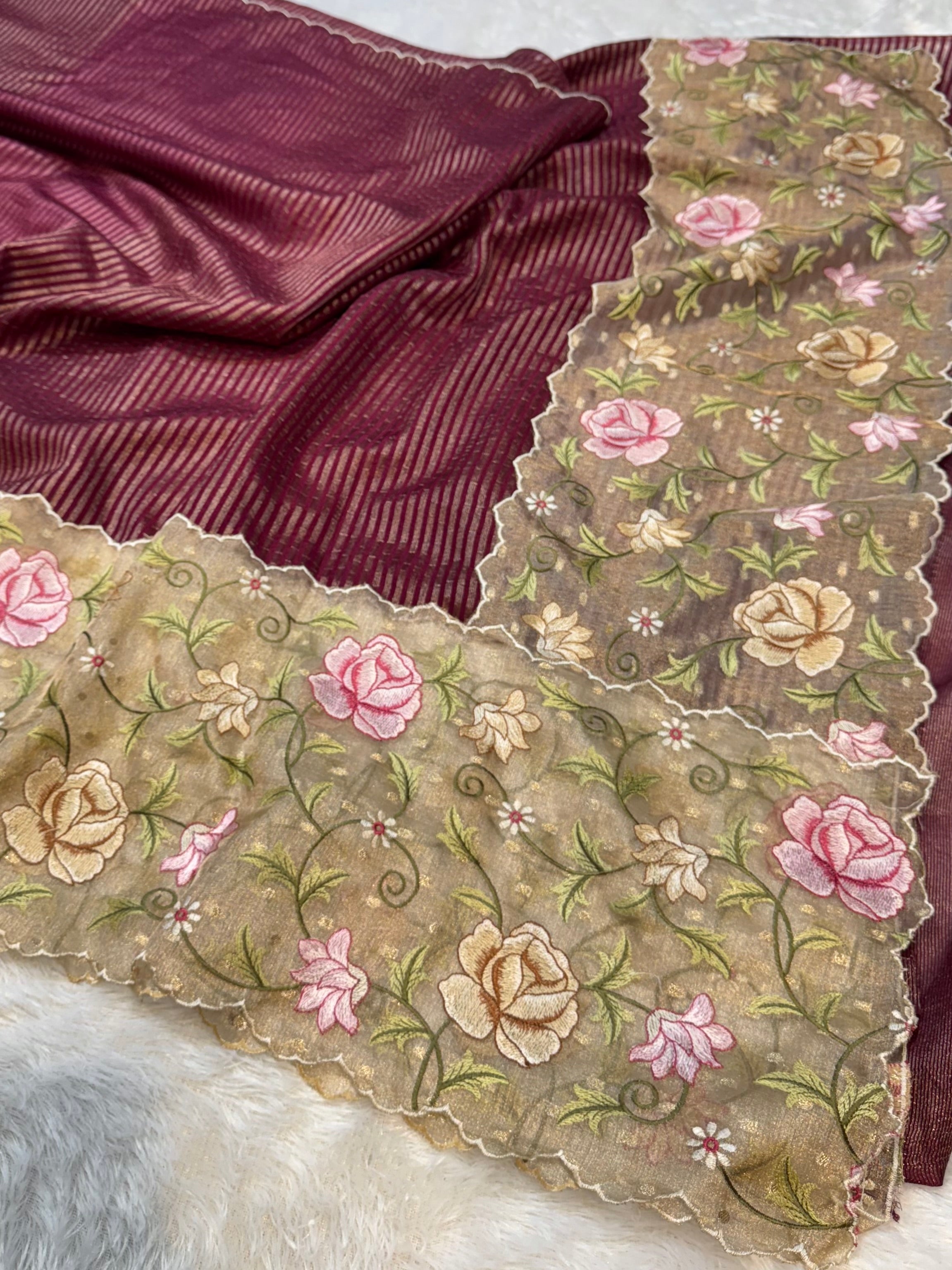Wine Tissue Silk Partywear Banarasi Embroidery Tissue Border Lightweight Sarees