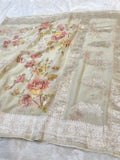 Beige 100% Pure Khaddi Georgette Silver Zari Digital Print Handloom Saree