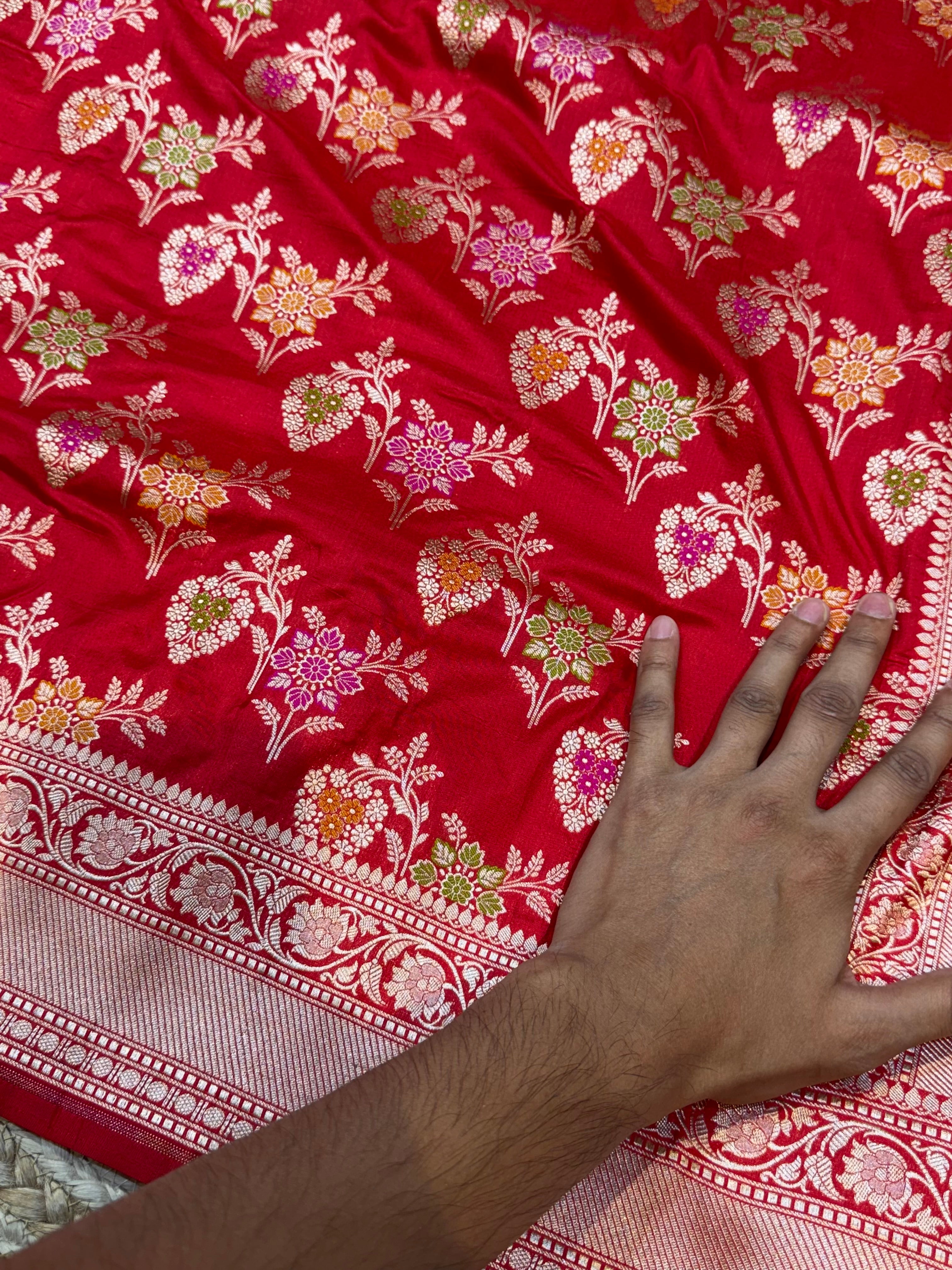 Prebook | Red 100% Pure Banarasi Katan Silk Meenakari Saree