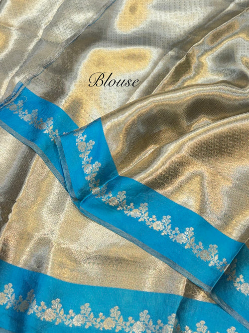 Aqua Blue 100% Pure Banarasi Molten Tissue Silk Brocade Saree