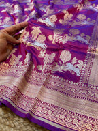 Dual Shade Red-Blue 100% Pure Banarasi Katan Silk Meenakari Sareee