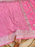 Rose Pink 100% Pure Khaddi Georgette Silver Zari ChikanKari Handloom Saree