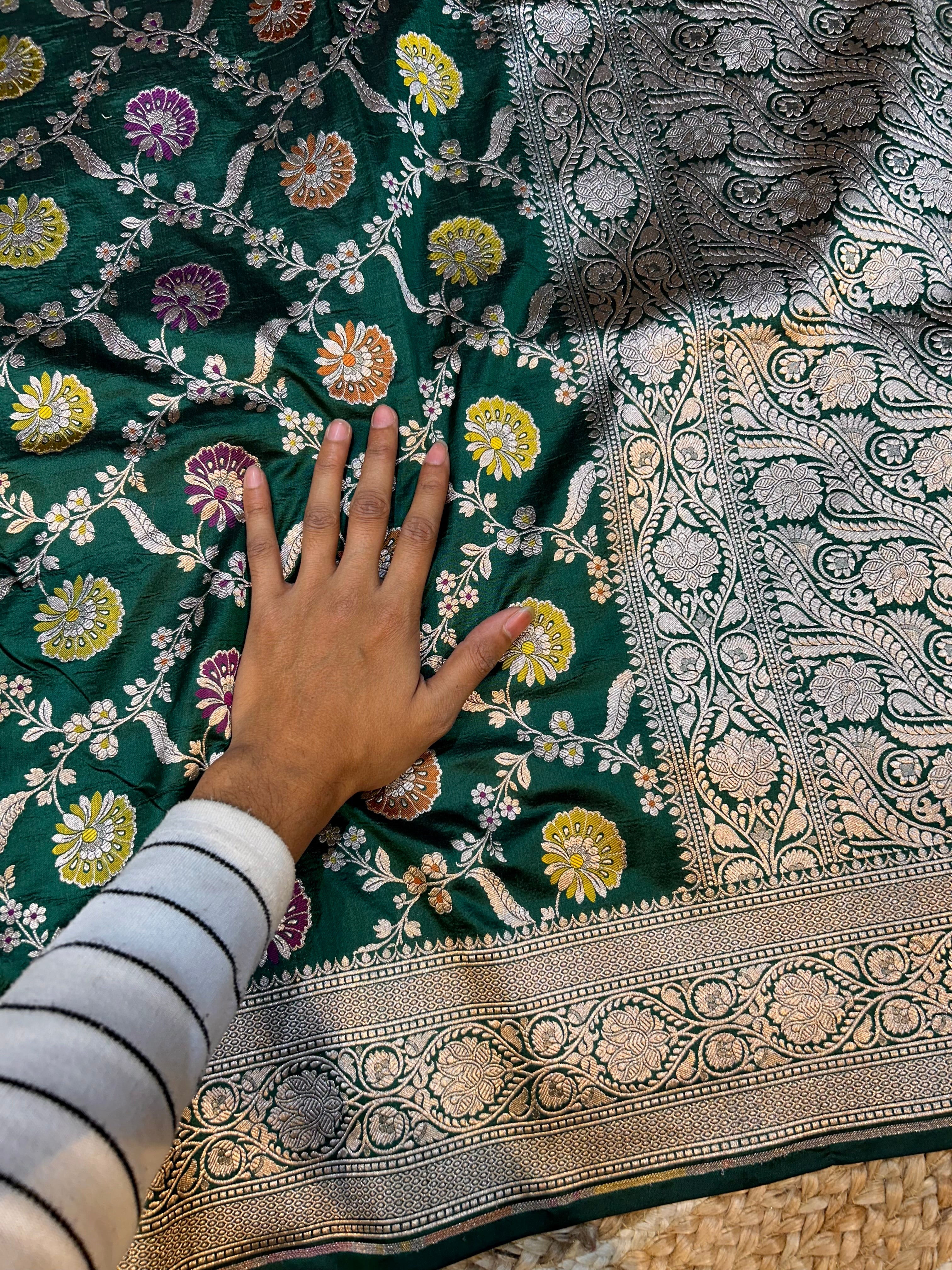 Bottle Green 100% Pure Banarasi Katan Silk Meenakari Saree