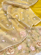 Sunflower Yellow Tissue Silk Partywear Banarasi Embroidery Tissue Border Lightweight Sarees