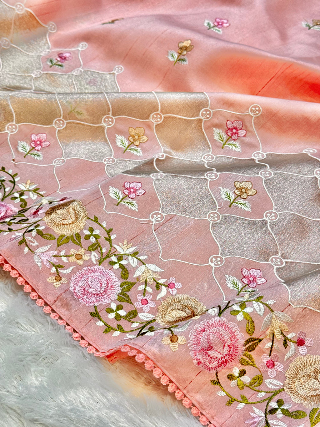 Peach Tussar Silk Partywear Banarasi Embroidery with Tissue Applique Lightweight Sarees
