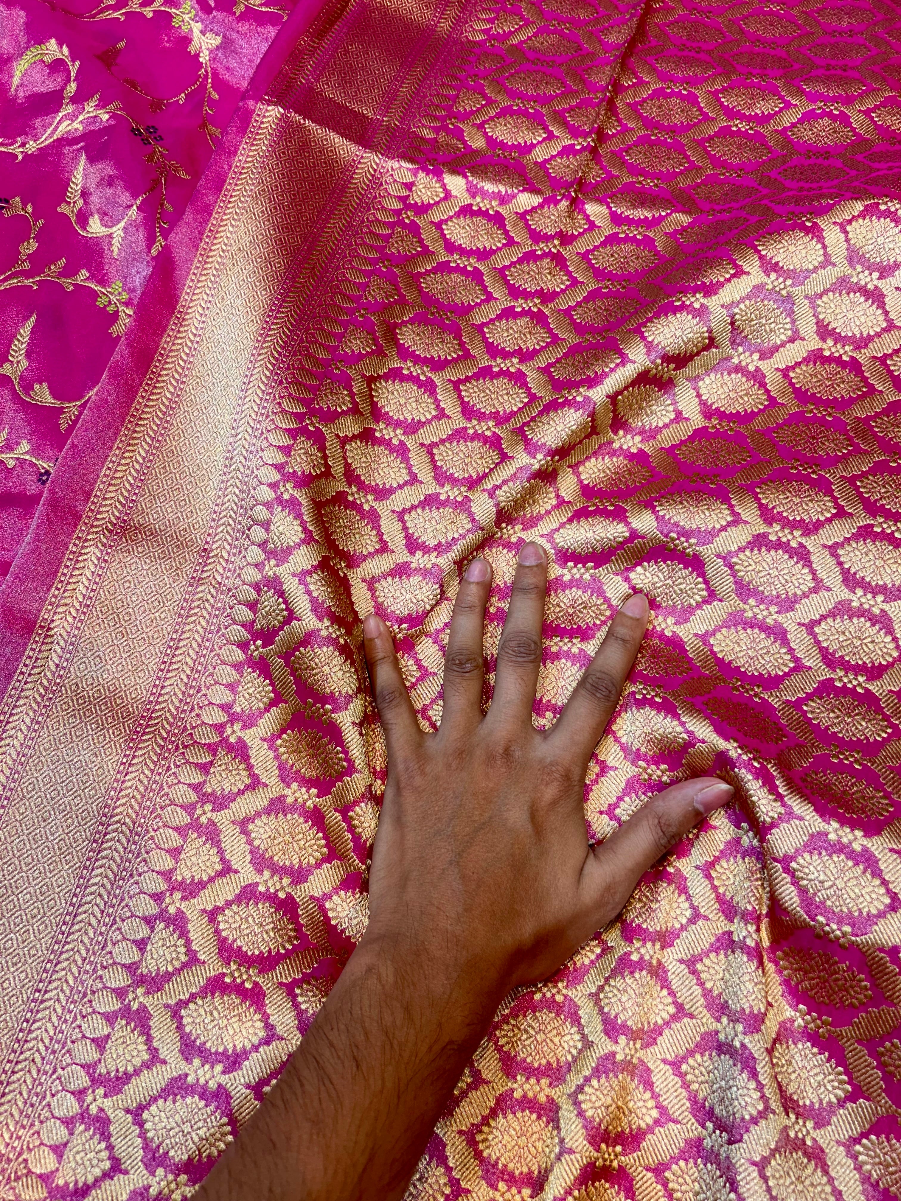 Magenta Pink 100% Pure Banarasi Tissue Silk Handloom Handwoven Saree