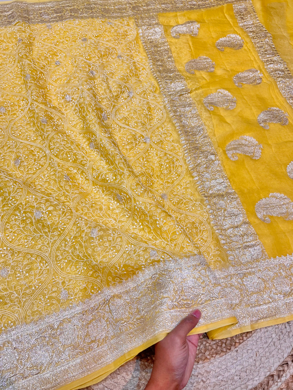 Lemon Yellow 100% Pure Khaddi Georgette Silver Zari ChikanKari Handloom Saree