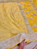 Lemon Yellow 100% Pure Khaddi Georgette Silver Zari ChikanKari Handloom Saree