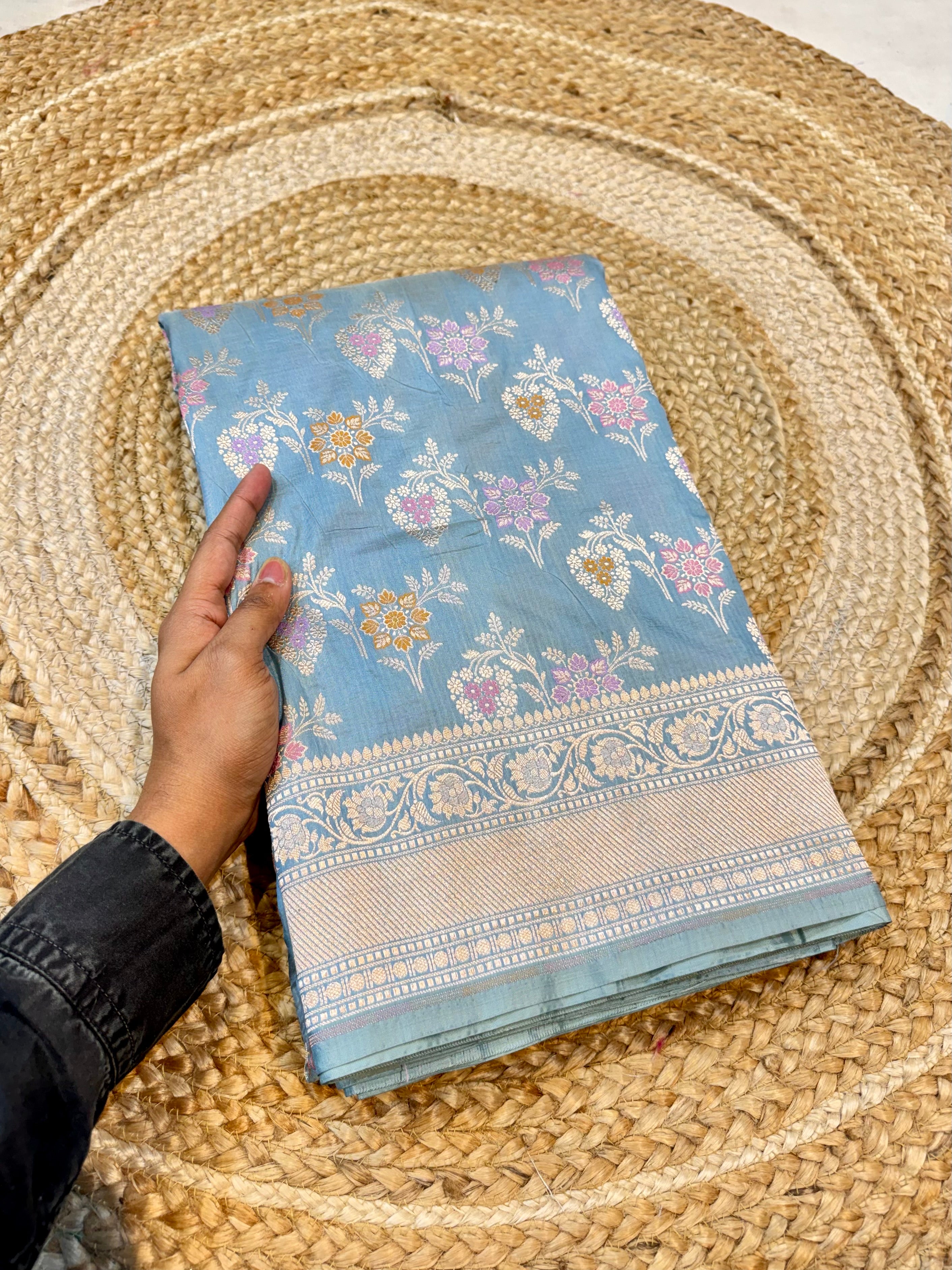 Powder Blue 100% Pure Banarasi Katan Silk Meenakari Saree