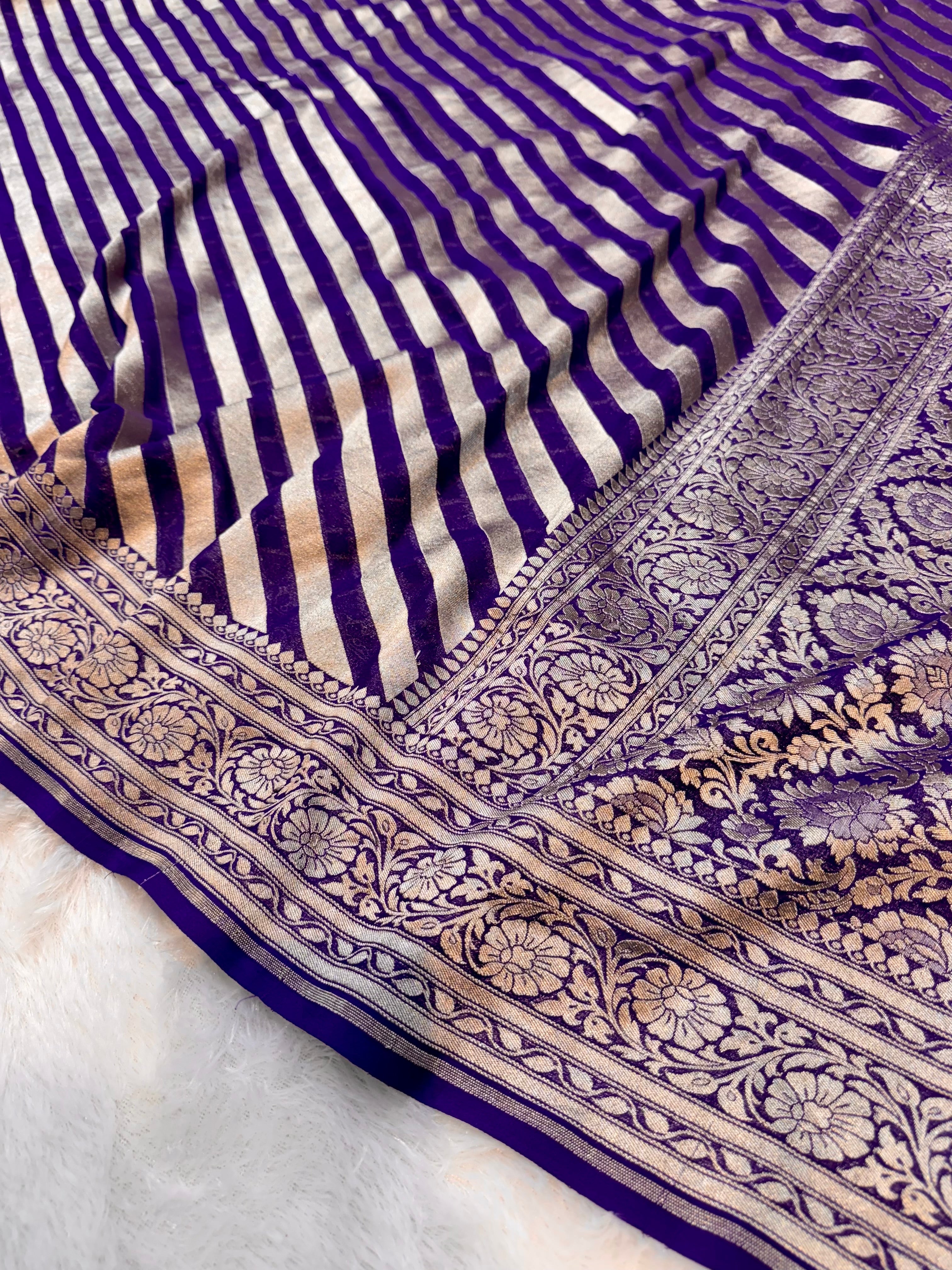 Purple 100% Pure Banarasi Khaddi Georgette Stripes Saree