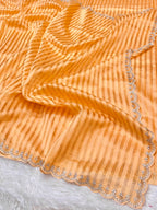 Peach 100% Pure Handloom Mul Cotton Stripes Tissue Silk Partywear Banarasi Embroidery Lightweight Sarees