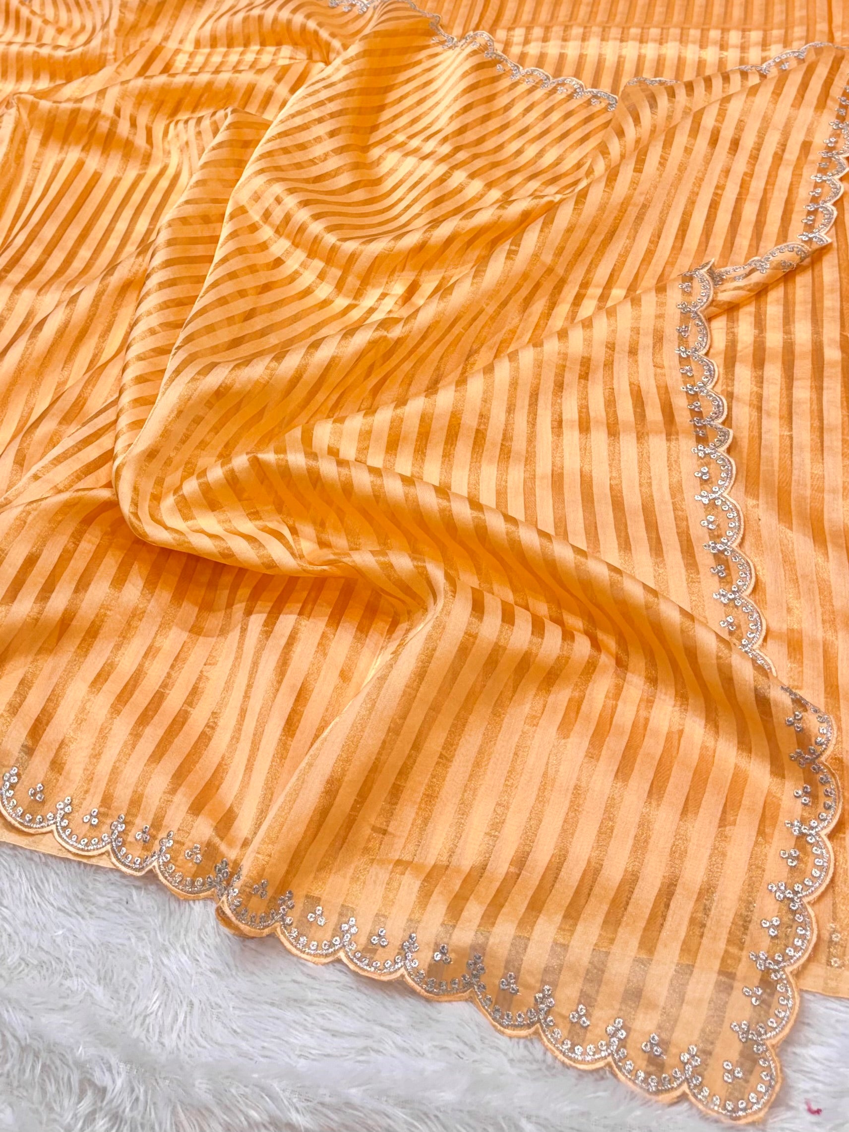 Peach 100% Pure Handloom Mul Cotton Stripes Tissue Silk Partywear Banarasi Embroidery Lightweight Sarees