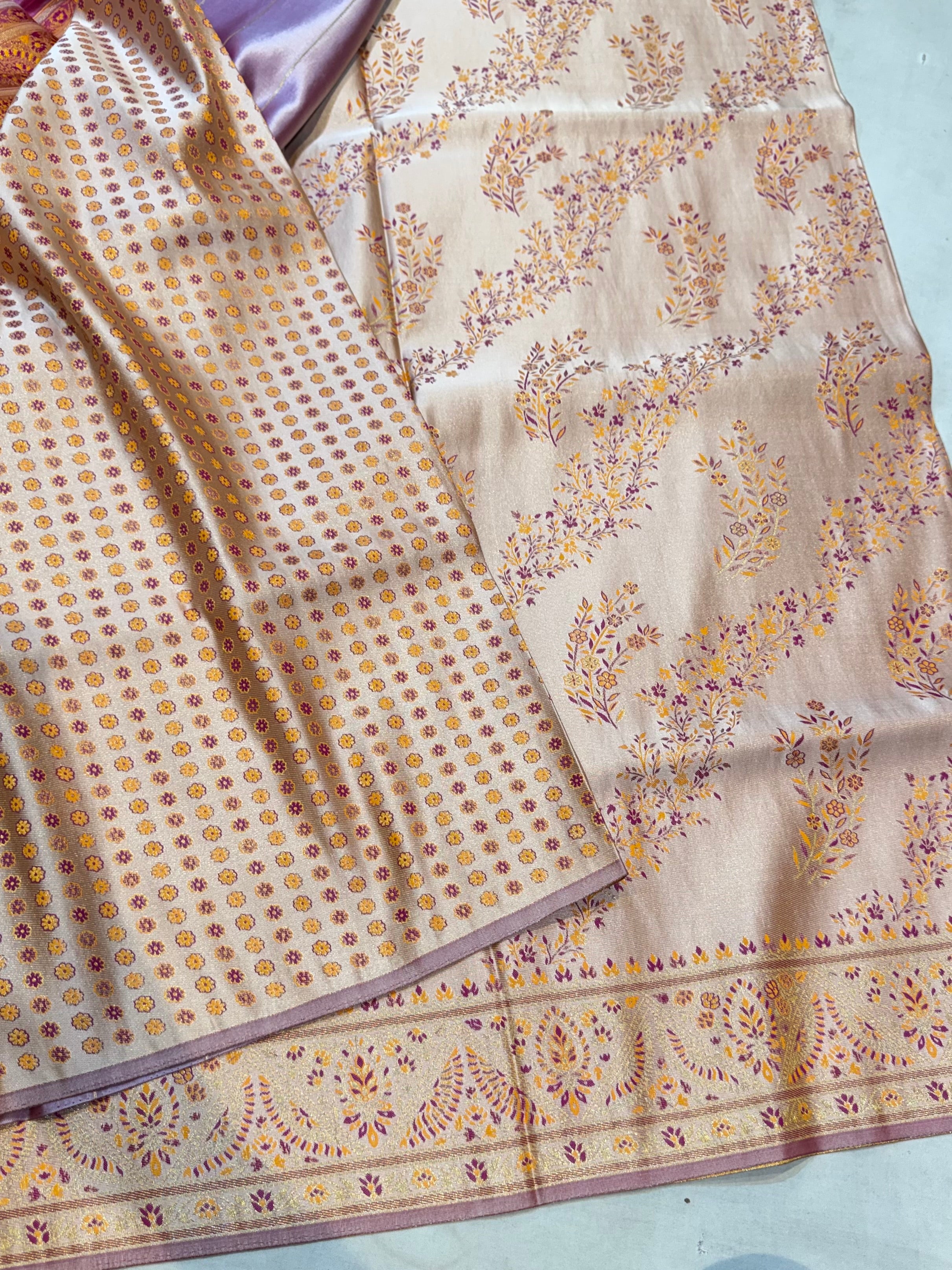 Peach Banarasi Semi Katan Silk Pashmeena Partywear Saree