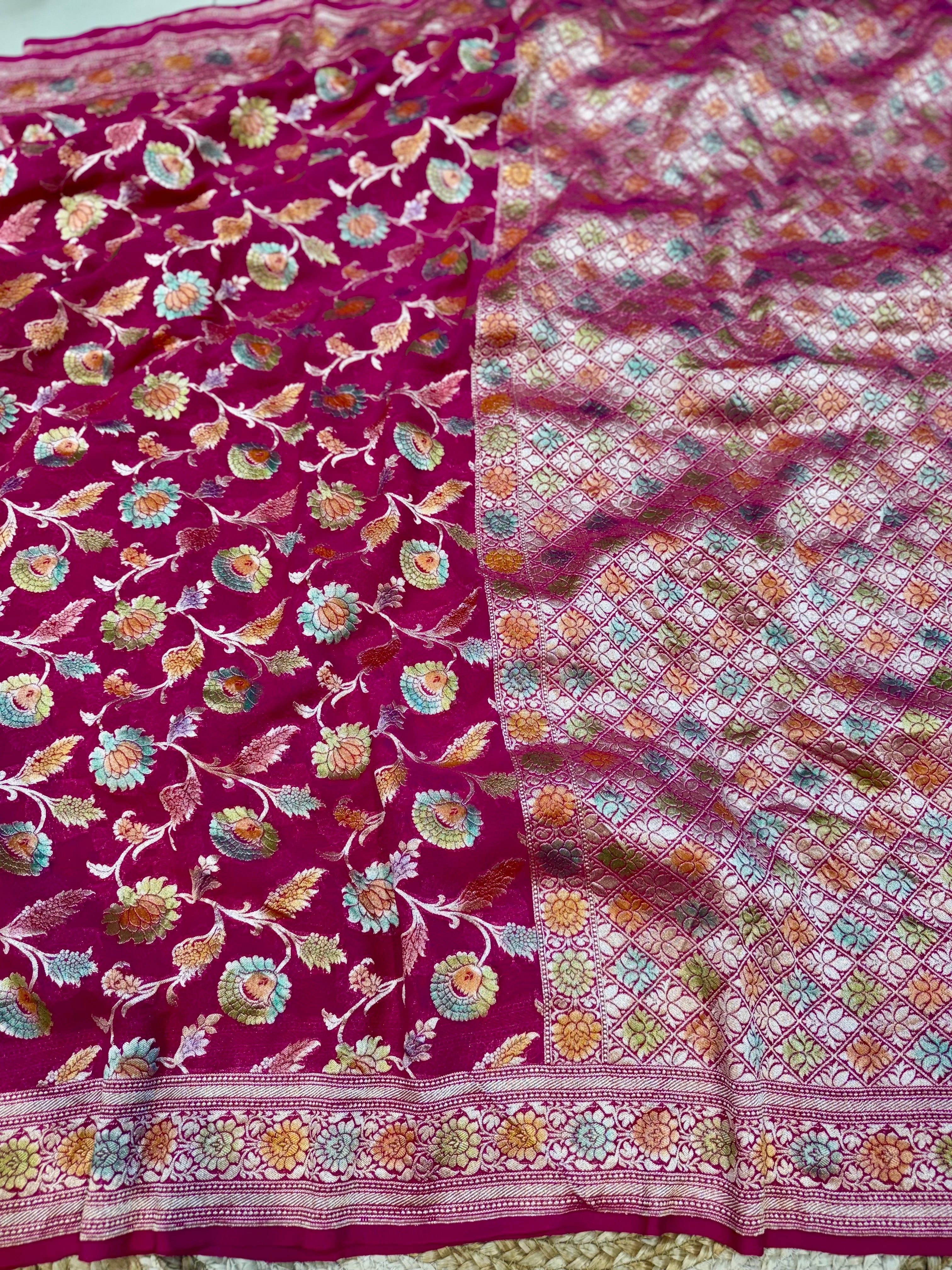 Rani Pink 100% Pure Banarasi Khaddi Georgette Meenakari Saree