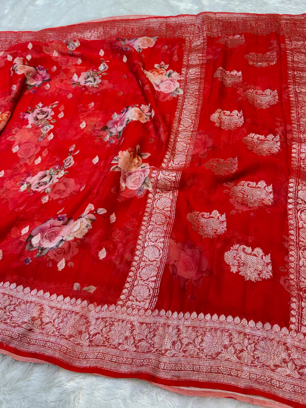 Red 100% Pure Khaddi Georgette Silver Zari Digital Print Handloom Saree