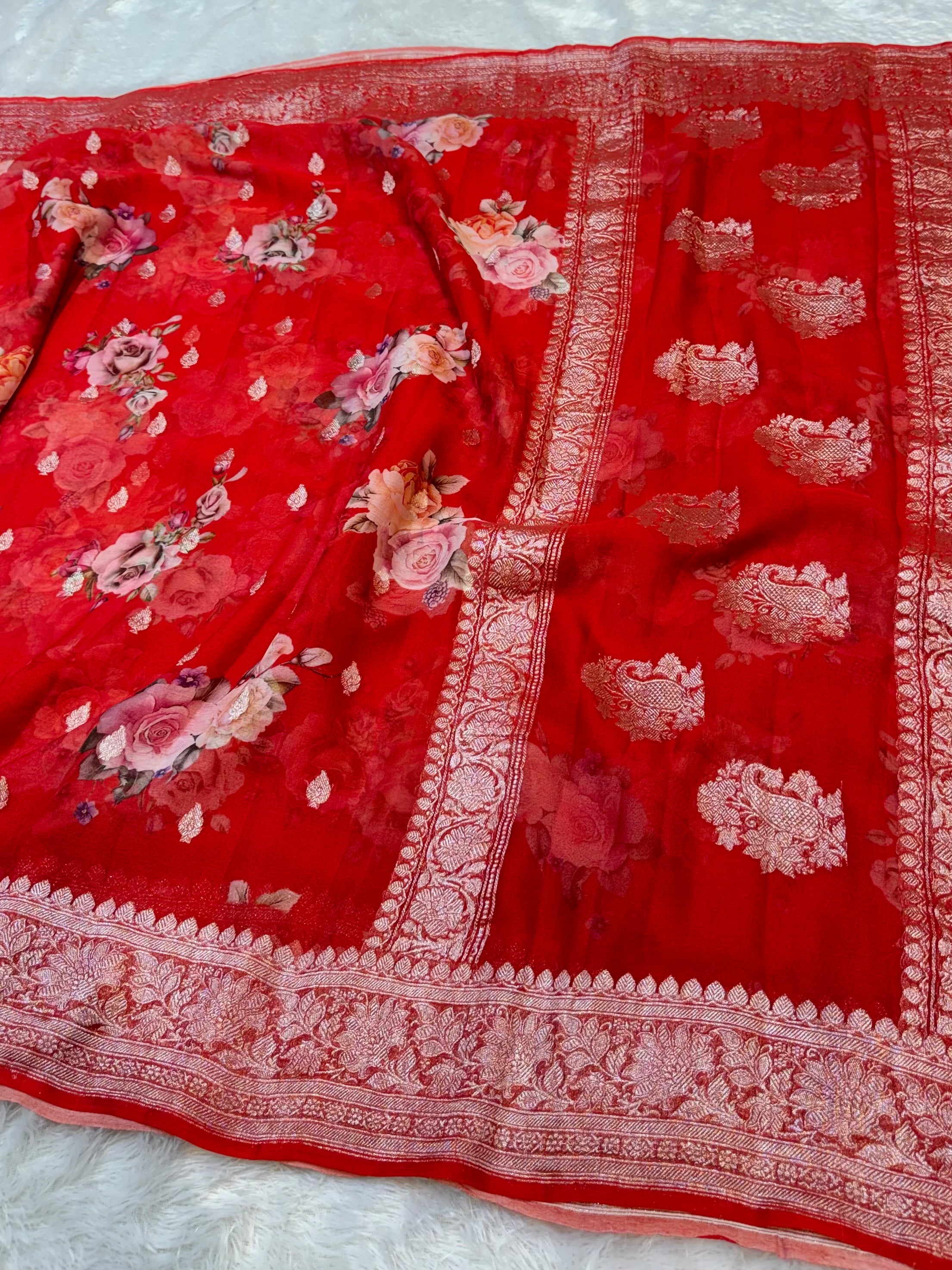 Red 100% Pure Khaddi Georgette Silver Zari Digital Print Handloom Saree