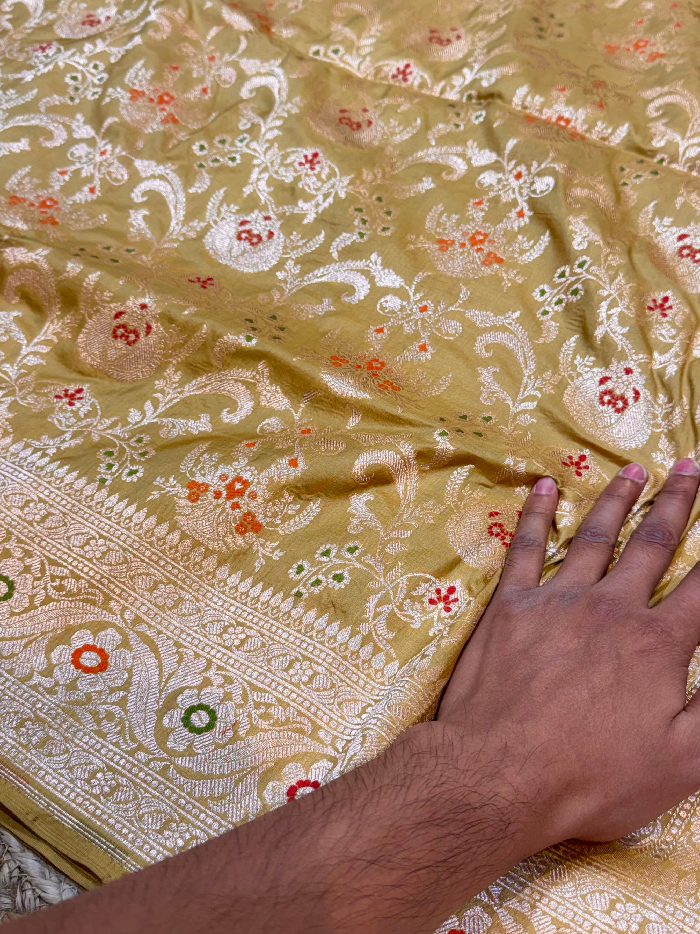 Muted Gold 100% Pure Banarasi Katan Silk Meenakari Saree