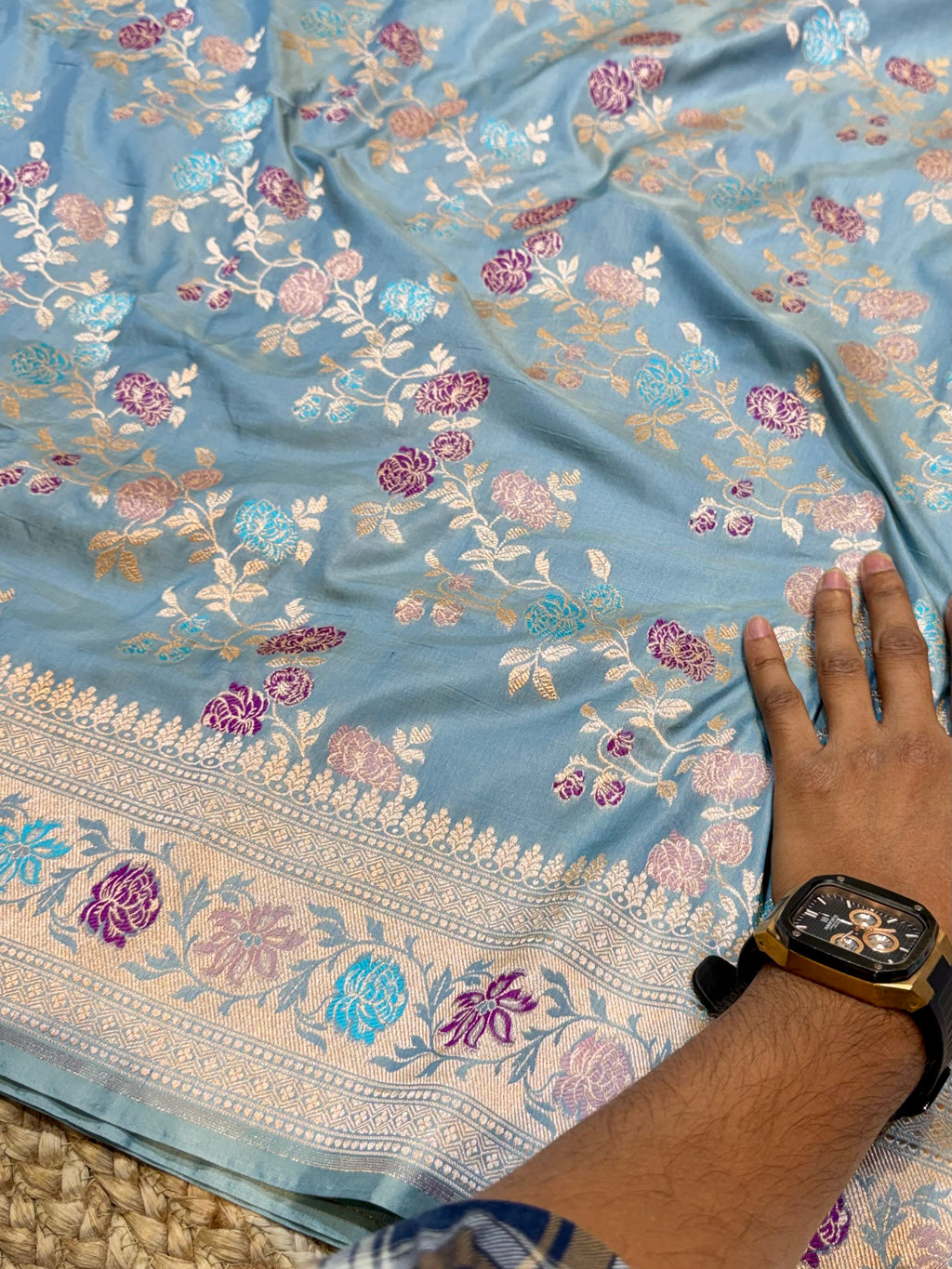 Prebook | Powder Blue Pure Banarasi Katan Silk Meenakari Saree